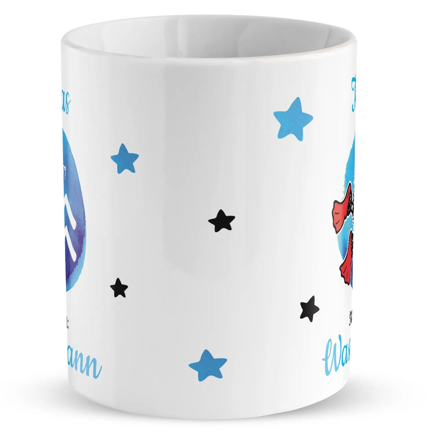 Personalisierte Porzellan-Tasse mit Sternzeichen Wassermann und Schäfchen-Motiv