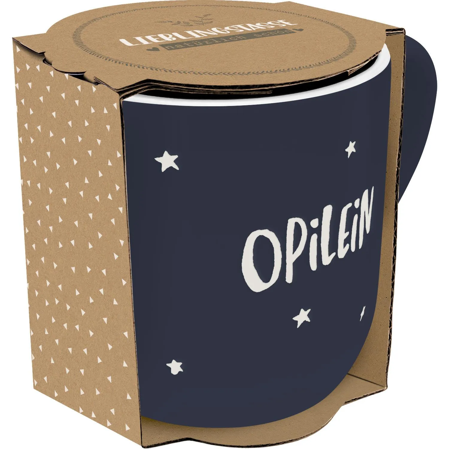 Lieblings-Tasse Opilein in Dunkelblau mit weißen Sternen.