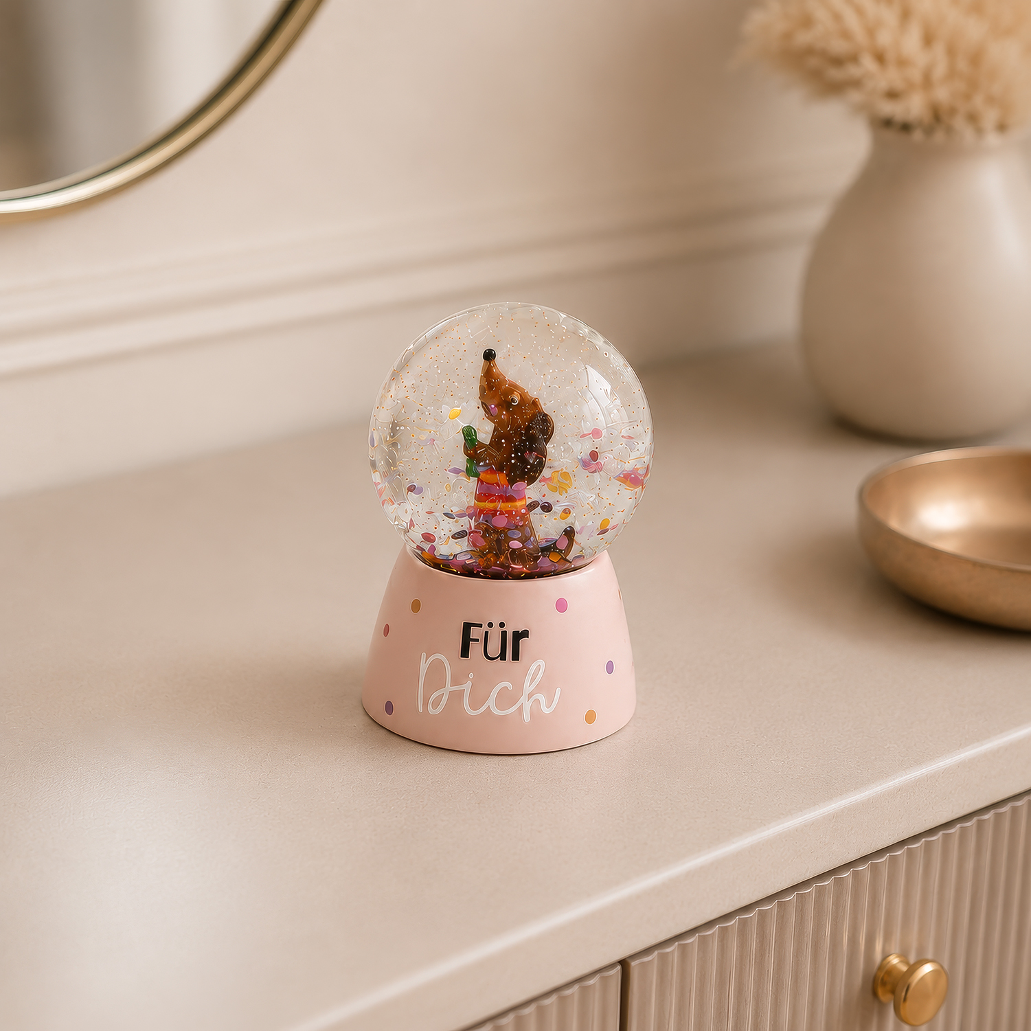 Pinke Traumkugel mit Dackelfigur, Glitzer und buntem Konfetti auf rosa Sockel
