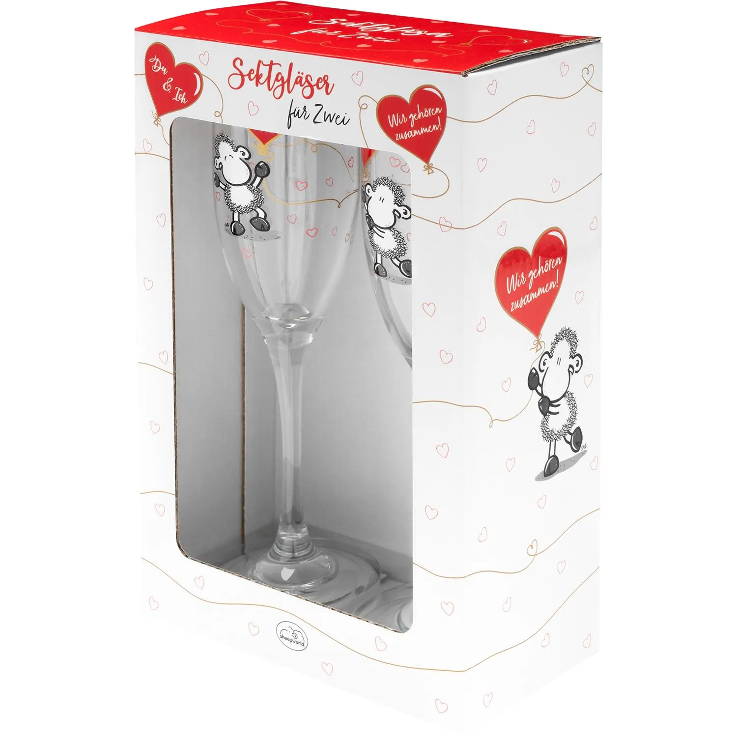 Set aus zwei Sektgläsern aus Glas in Geschenkbox mit Schaf- und Herz-Motiven