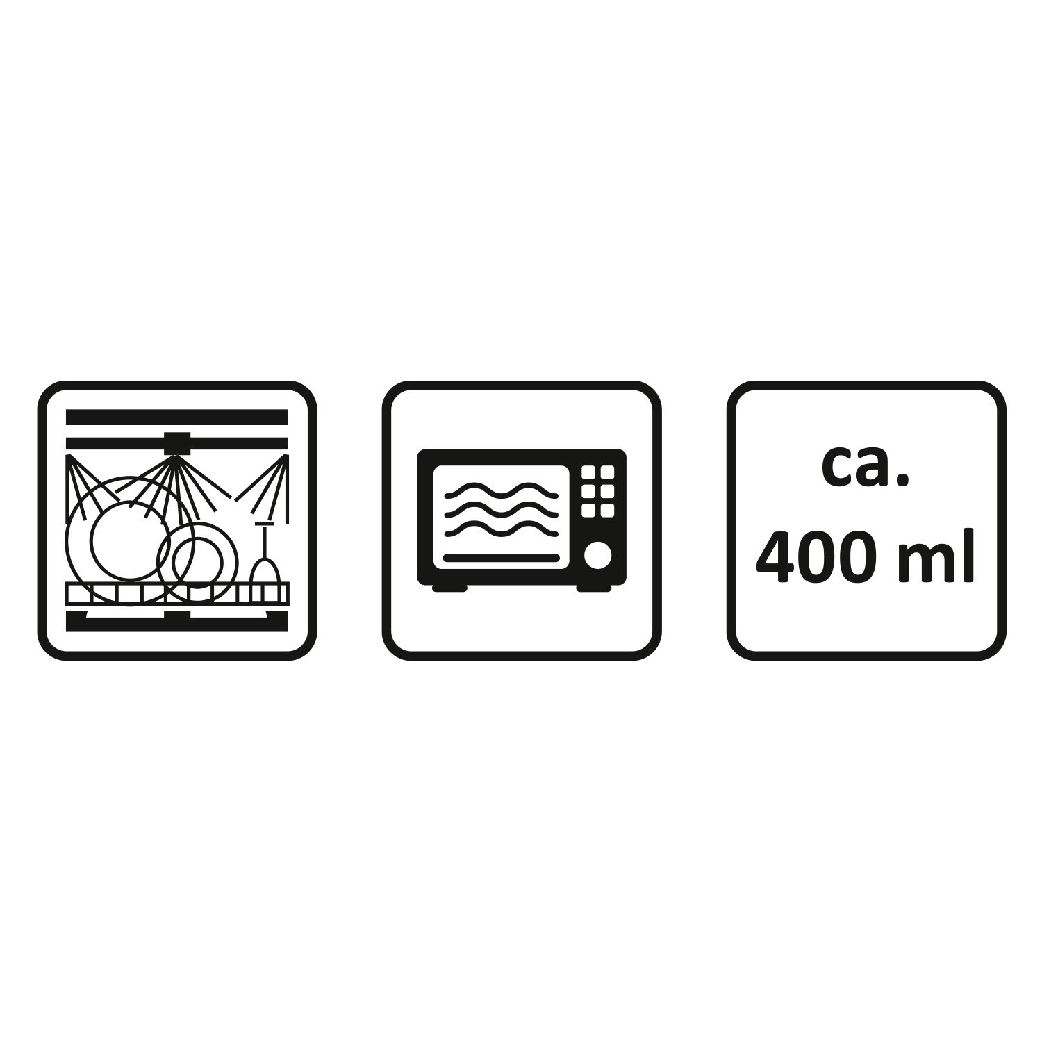 Iconen zeigen Spülmaschinen- und Mikrowellen-Symbole sowie die Angabe 400 ml auf weißem Hintergrund.