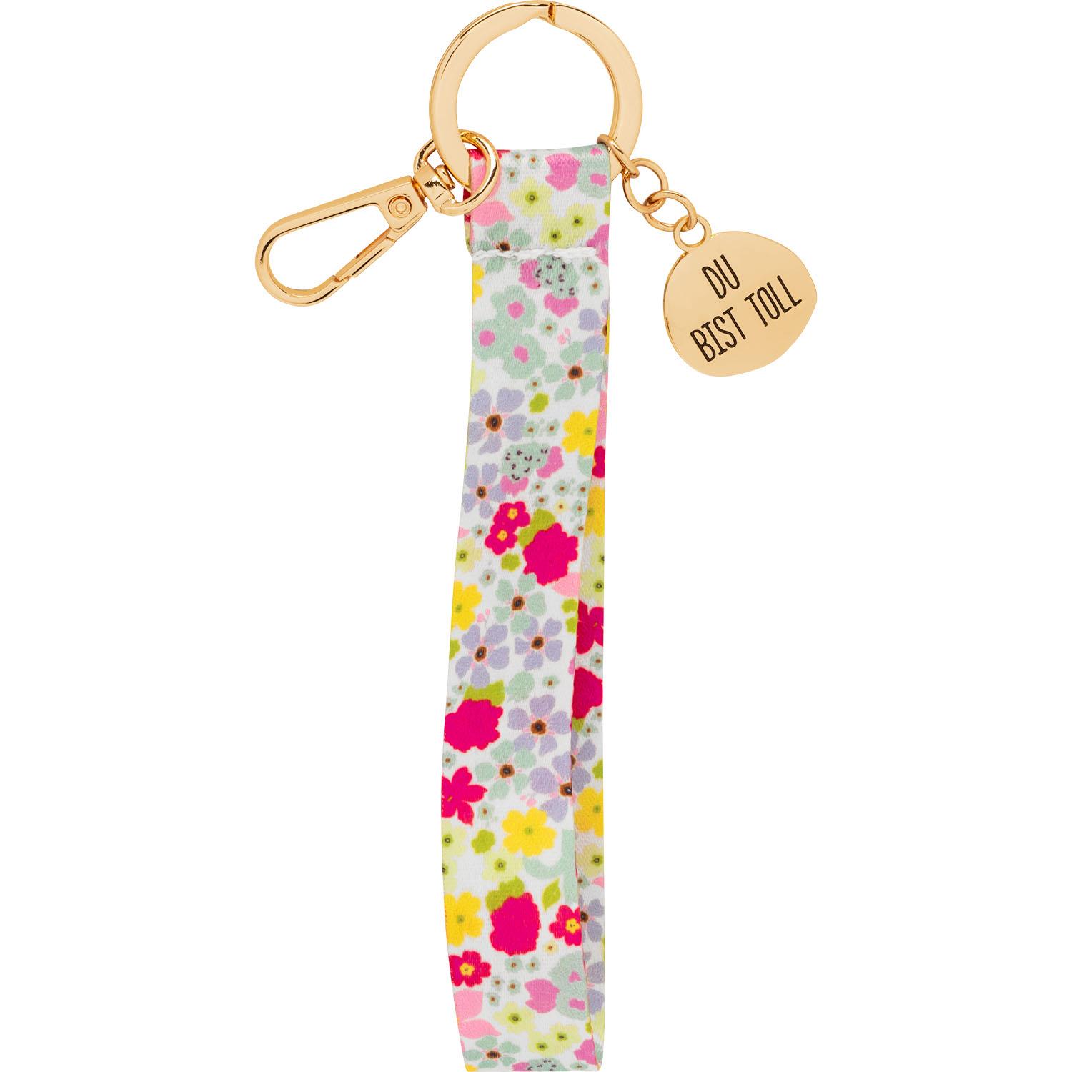 Floral gemustertes Schlüsselband mit goldenem Karabiner und graviertem Anhänger DU BEST TOLL