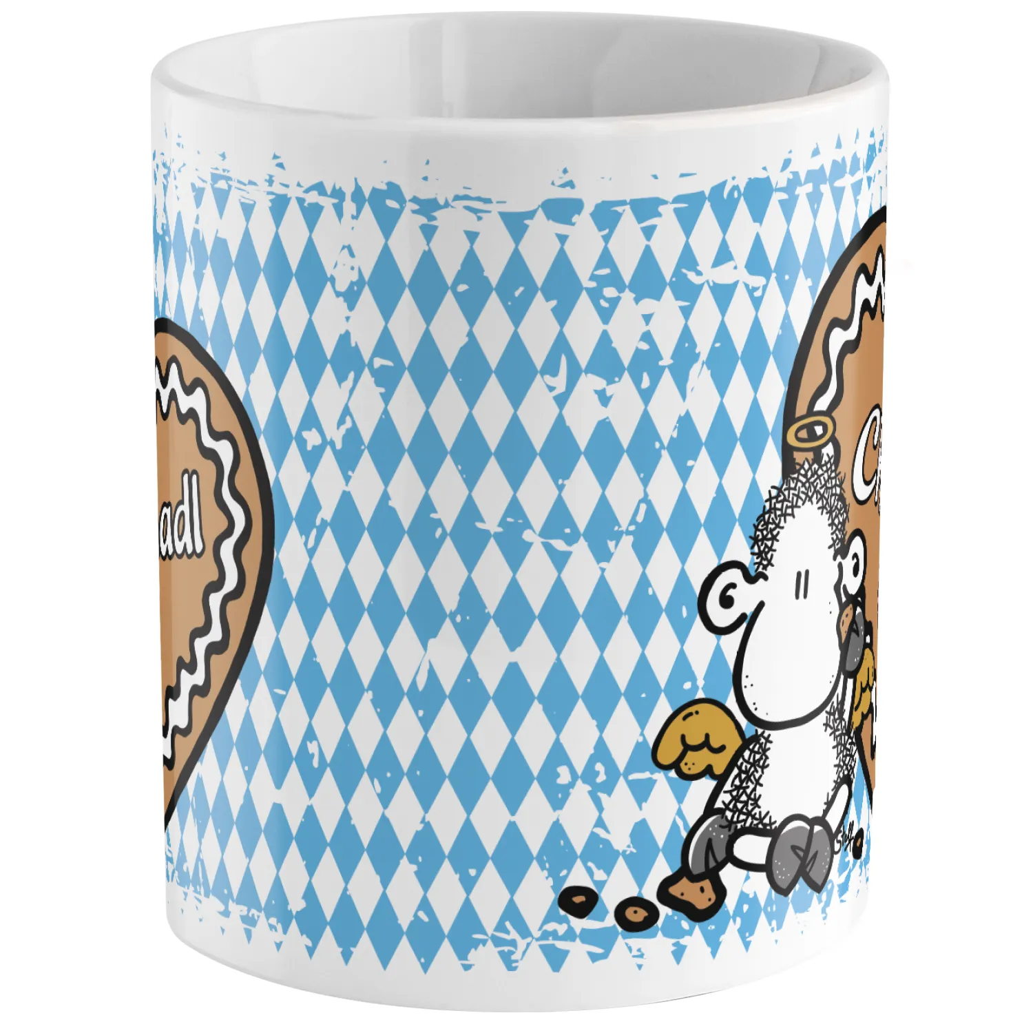 Weiße Keramik-Tasse mit hellblauem Diamantmuster und cartoon-Schaf-Motiv.
