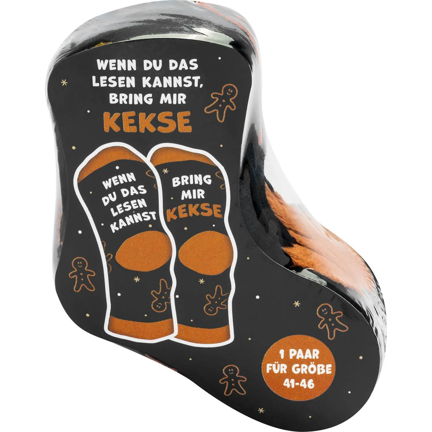 Paar schwarze Zaubersocken mit orange-braunen Druckspruch 'Wenn du das lesen kannst, bring mir Kekse' auf schwarzem Hintergrund.