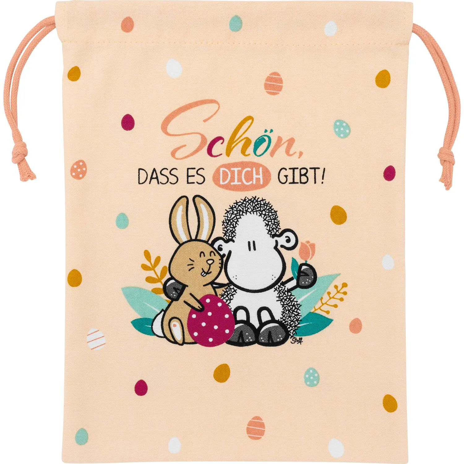 Beiger Stoff-Geschenkbeutel mit Hase und Schaf, bunten Ostereiern und Zugband.