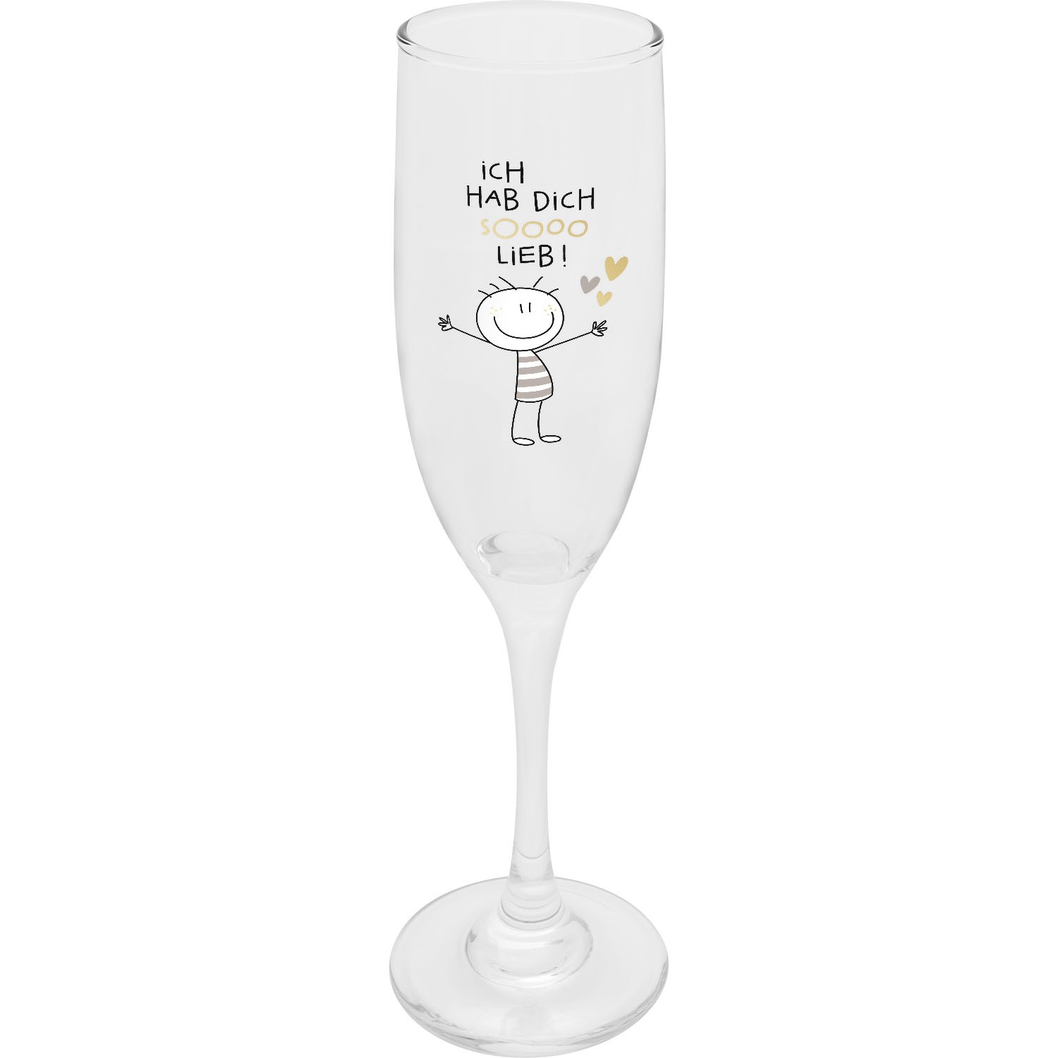 Sektglas mit Golddruck und lachender Stickfigur