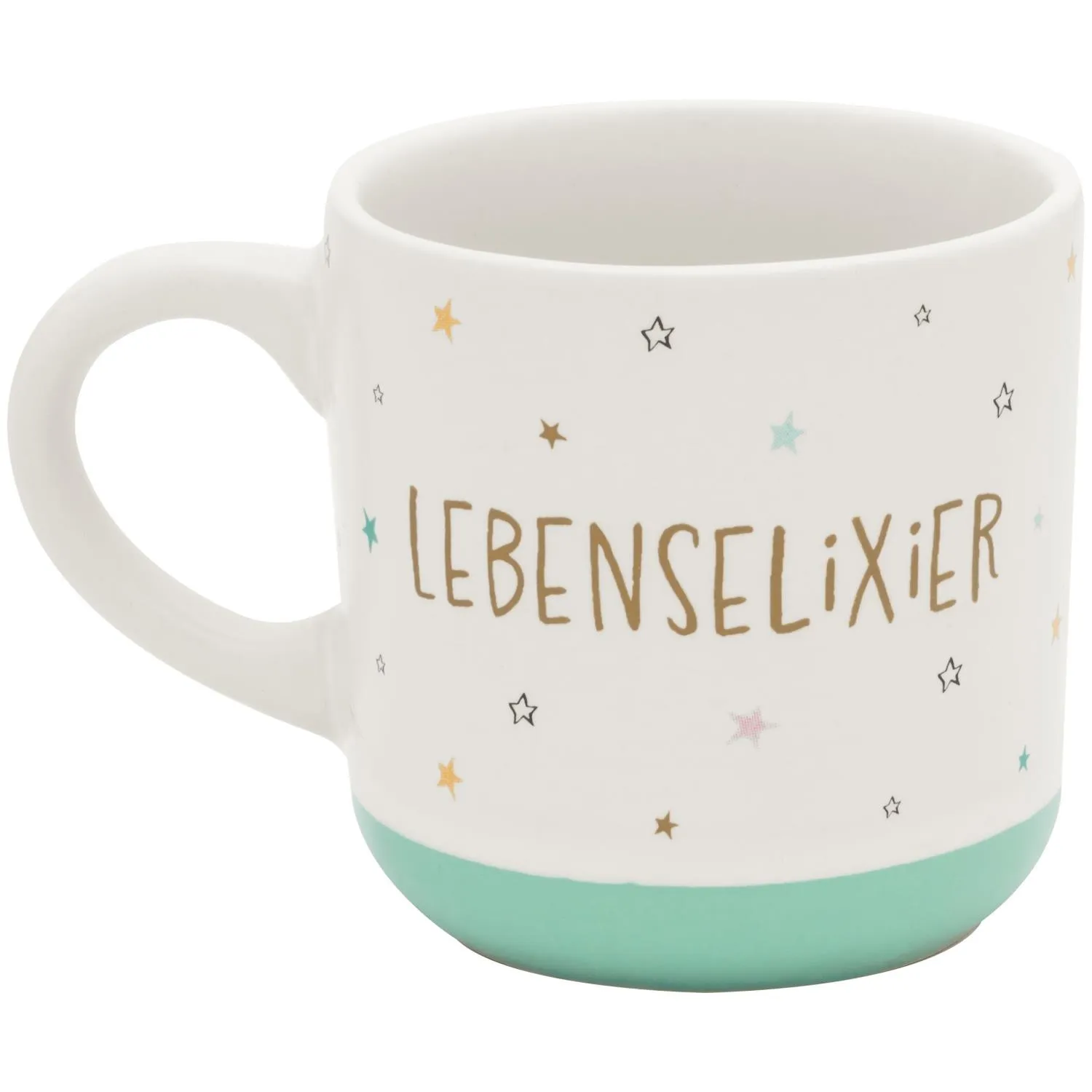Weiße Espressotasse mit Lebenselixier-Schriftzug und Sternchen