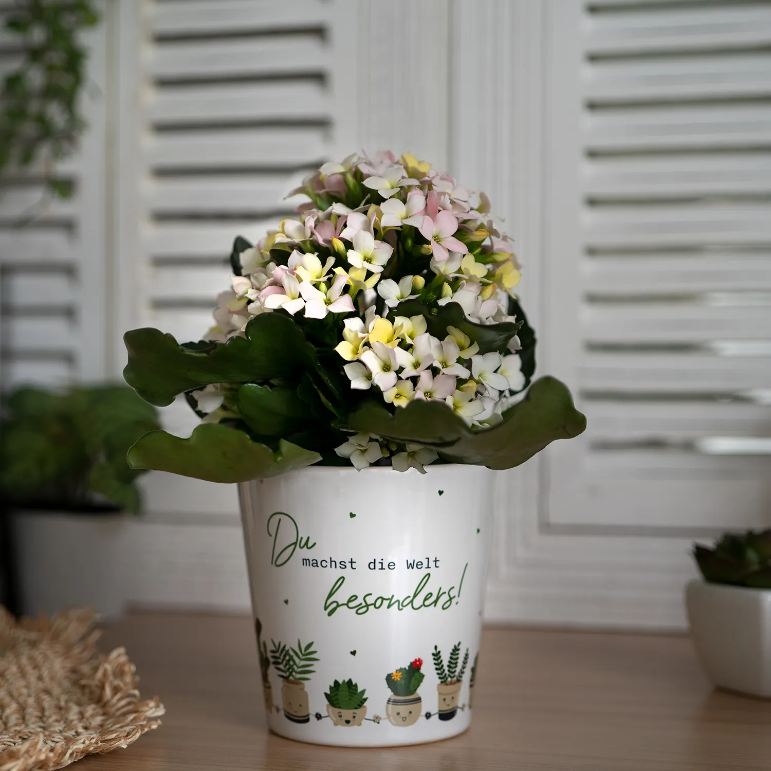 Blumenübertopf mit rosa-weißen Blüten in Steinzeugtopf