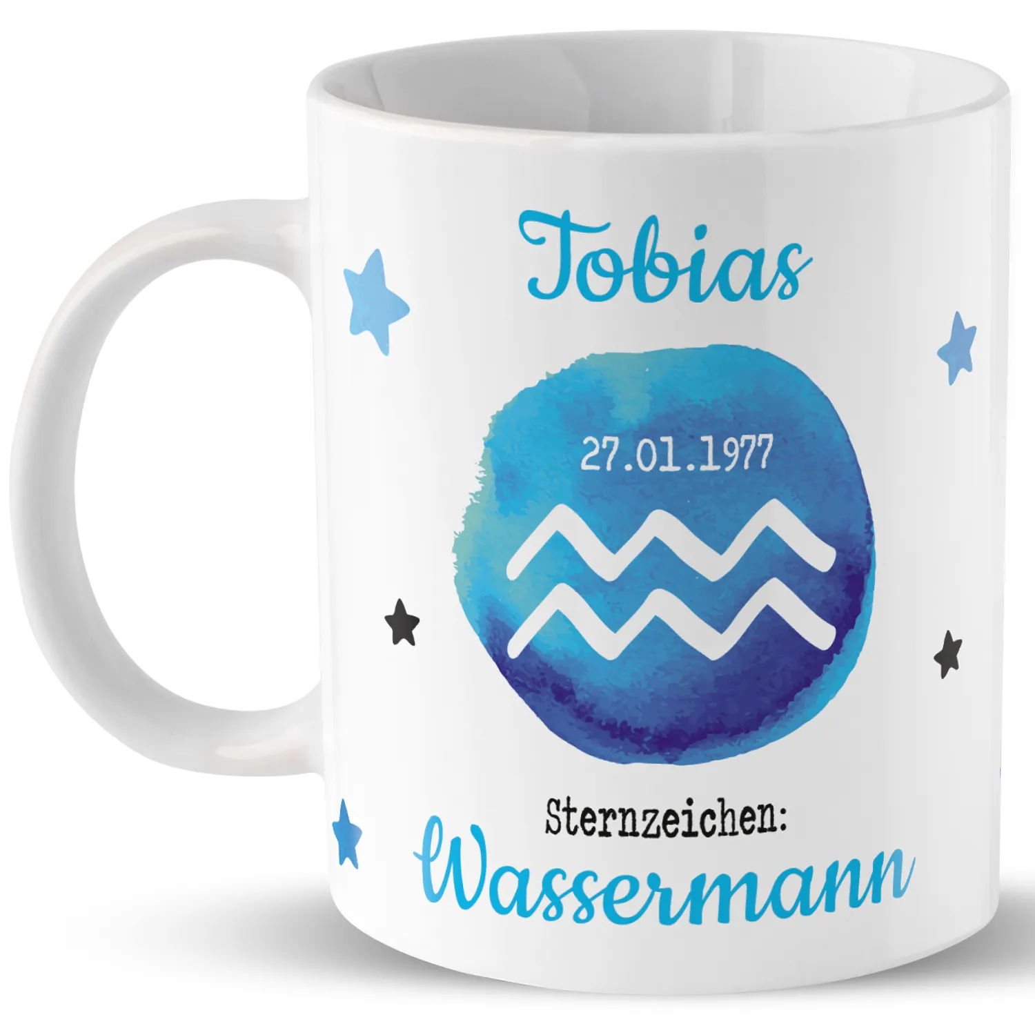 Personalisierte Porzellan-Tasse mit Namen Tobias und Wassermann-Sternzeichen in Blau.