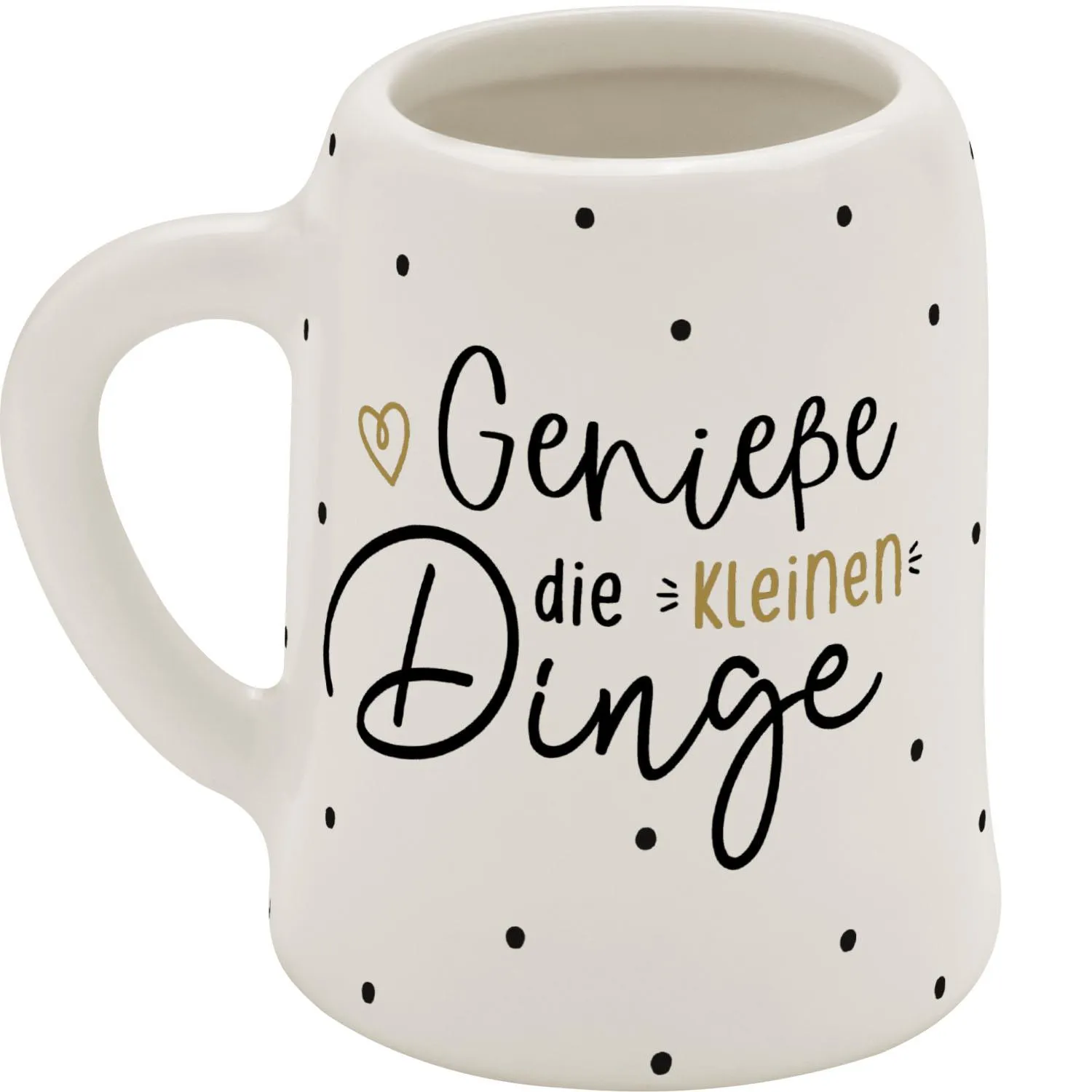 Weißer Porzellan-Schnapskrug mit schwarzen Punkten und Golddruck-Spruch