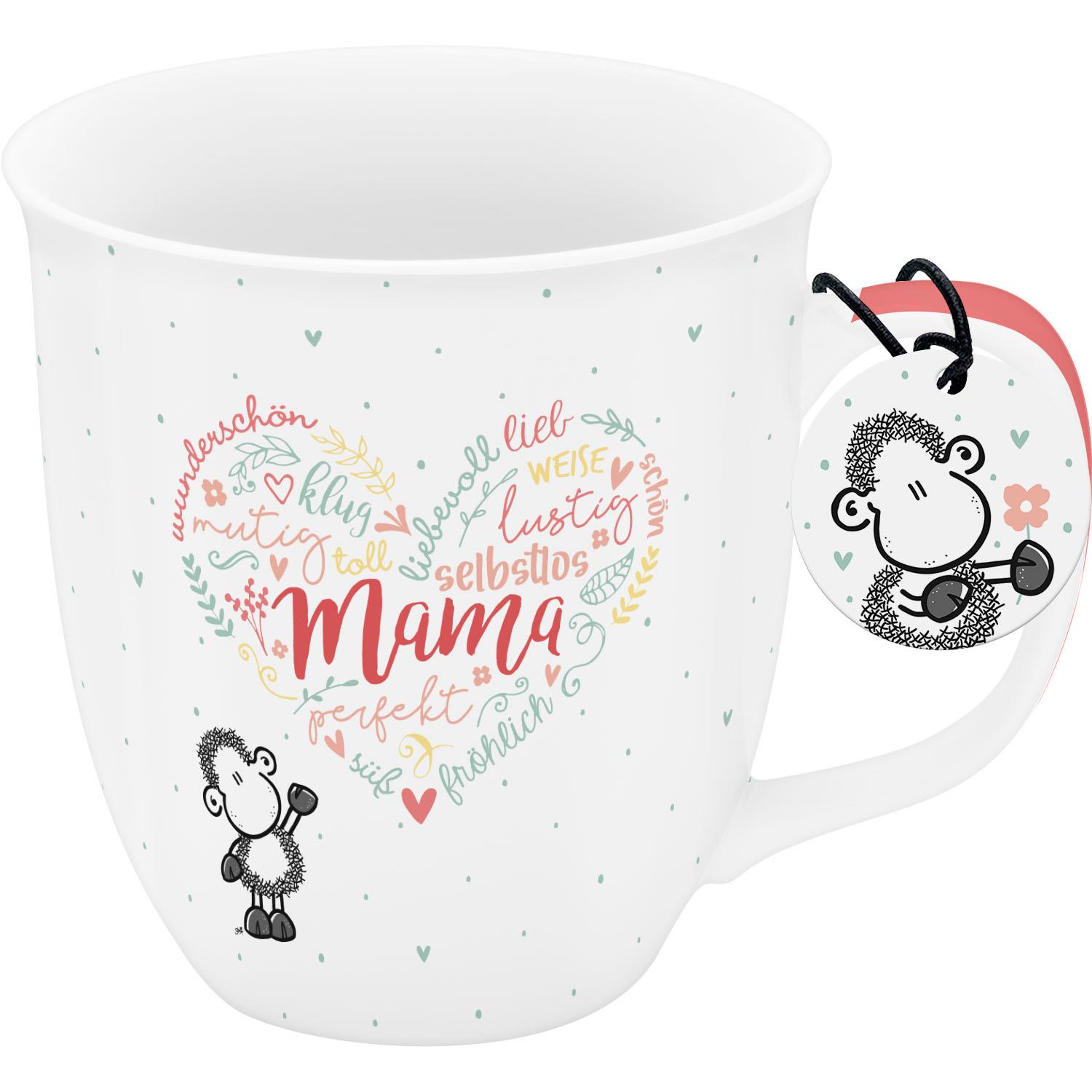 Weiße Porzellan-Tasse Grande mit farbiger Wort-Herzmotive Mama und Schäfchen