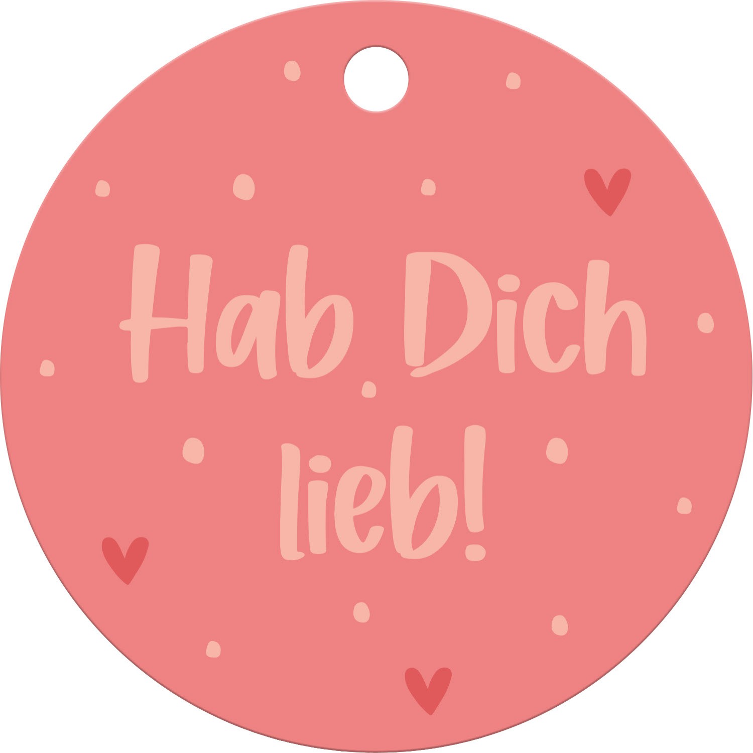 Runde rosa Geschenk-Tag mit der Aufschrift 'Hab Dich lieb!' und Herzmotiven
