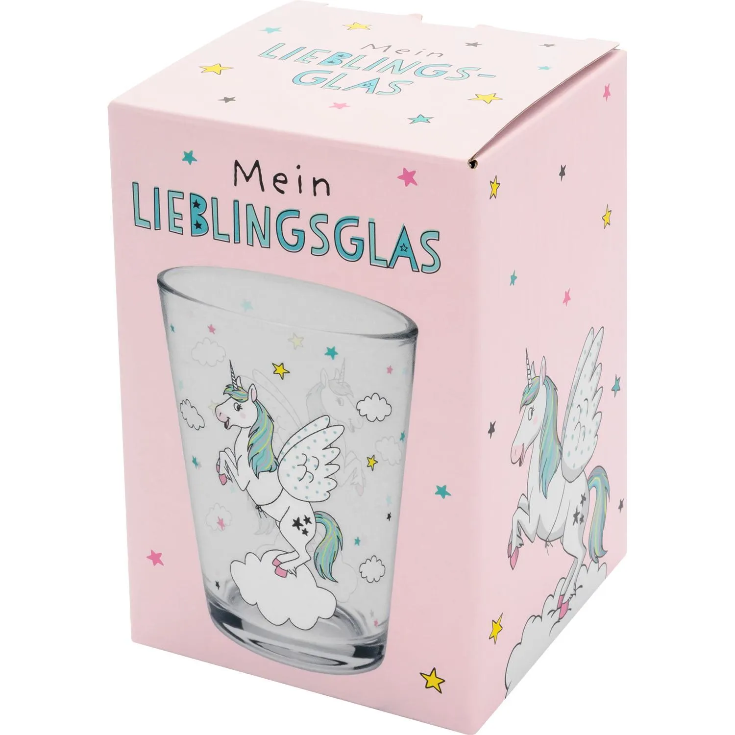 Trinkglas Einhorn in Geschenkbox, Pastellfarben, Unicorn mit Flügeln und Sternen