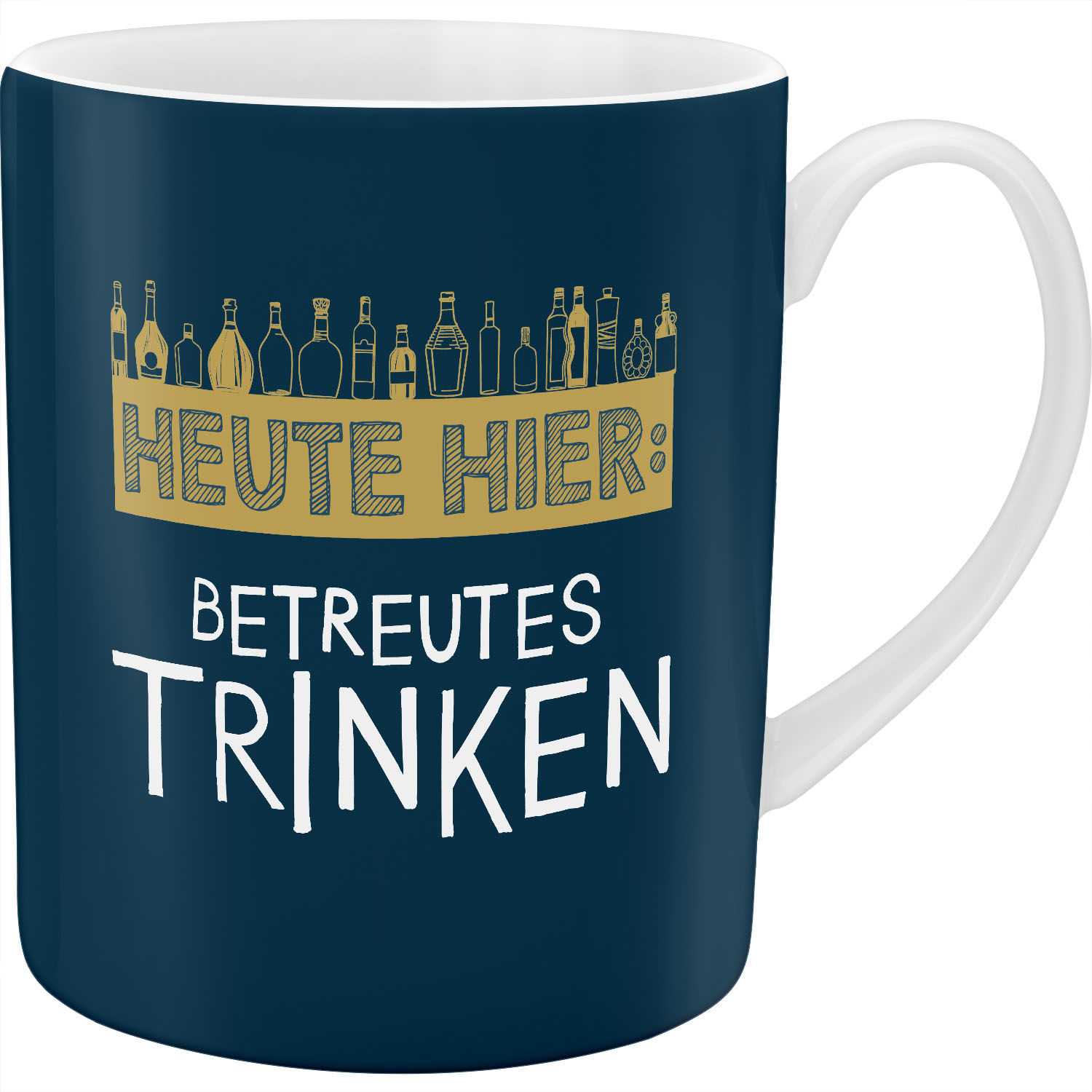 Dunkelblaue XL-Keramiktasse mit weißem Innenraum und Spruch Heute hier: Betreutes Trinken