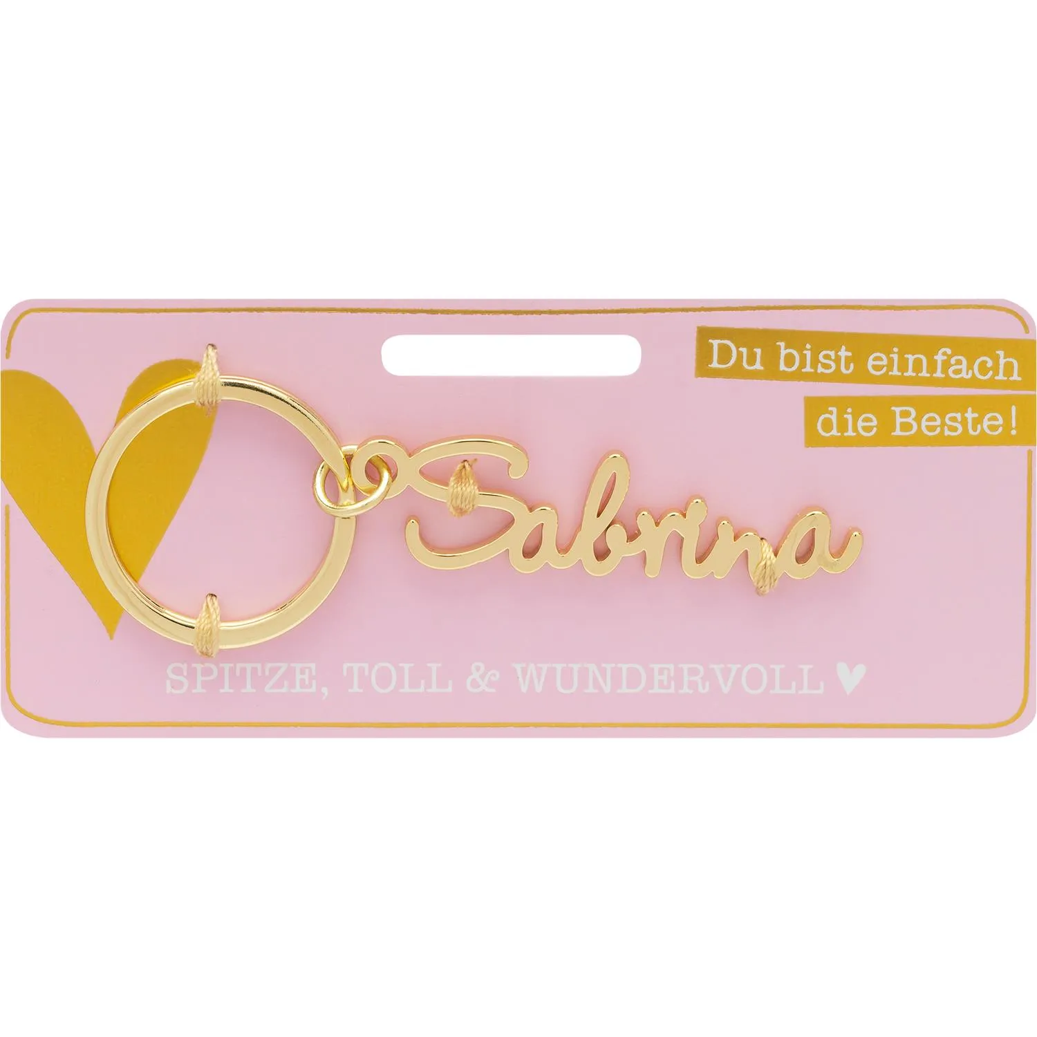 Goldfarbener Namensschriftzug Sabrina am Schlüsselring auf rosa Headerkarte.