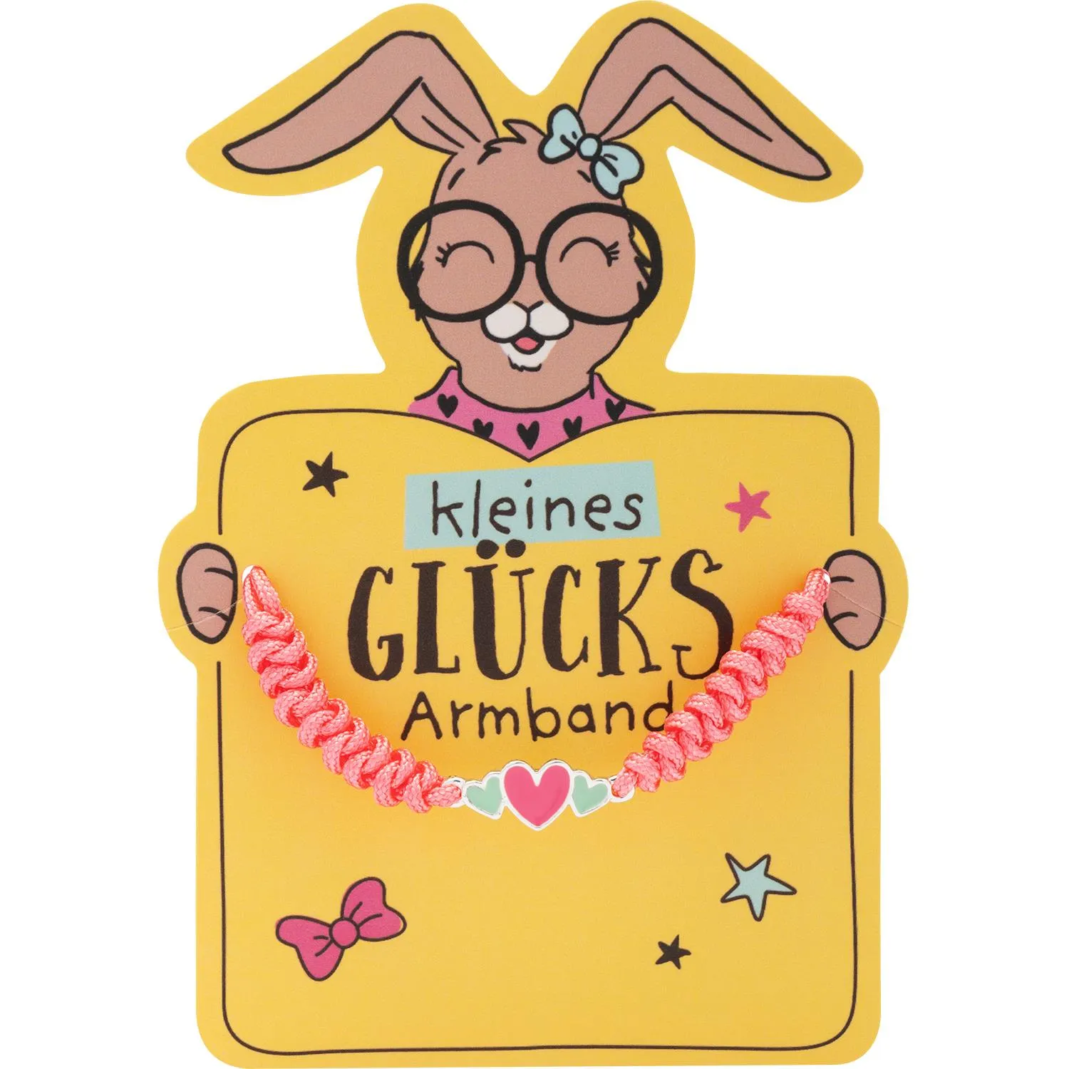 Kleines Glücks Armband mit Häschen-Motiv auf gelbem Schild, pinkem Geflecht