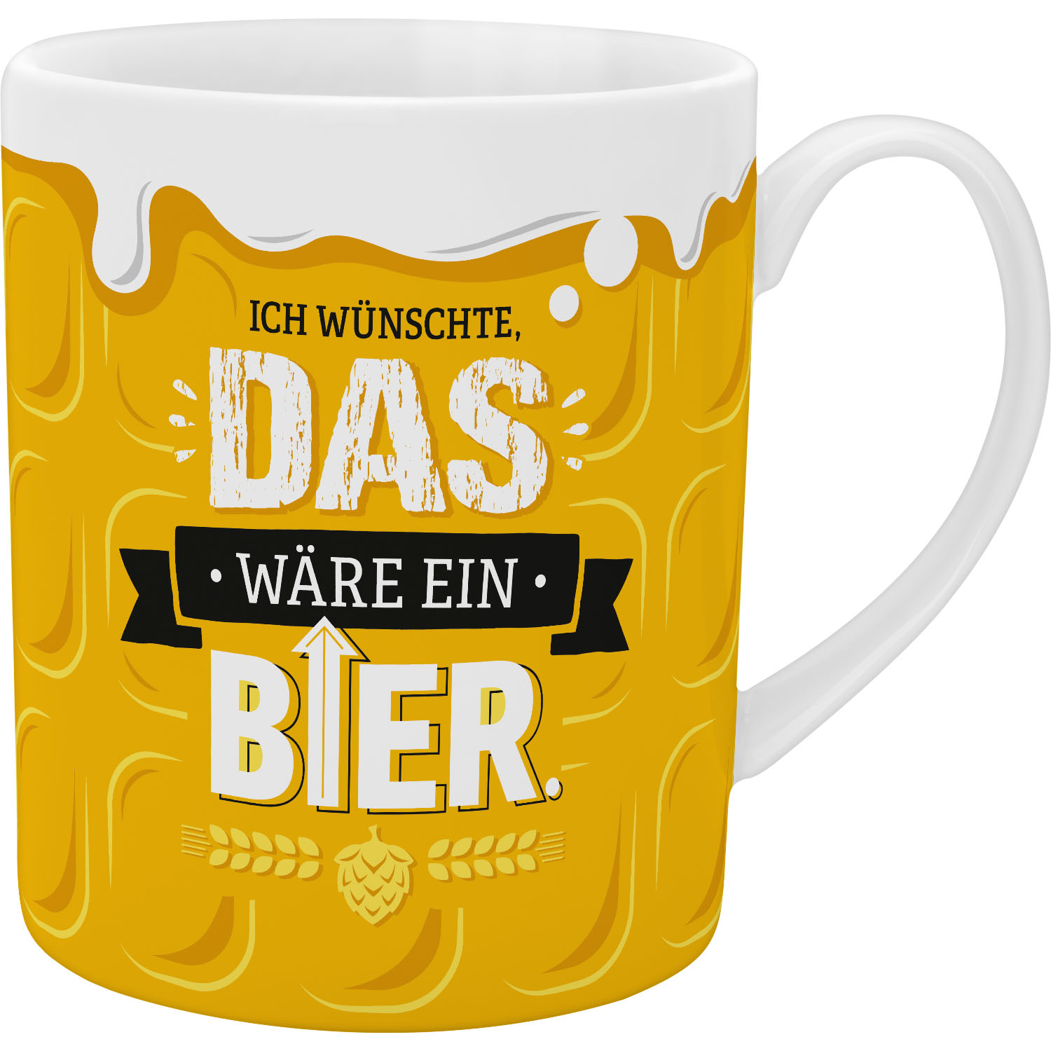 XL-Tasse aus Porzellan mit gelbem Bier-Design und Spruch