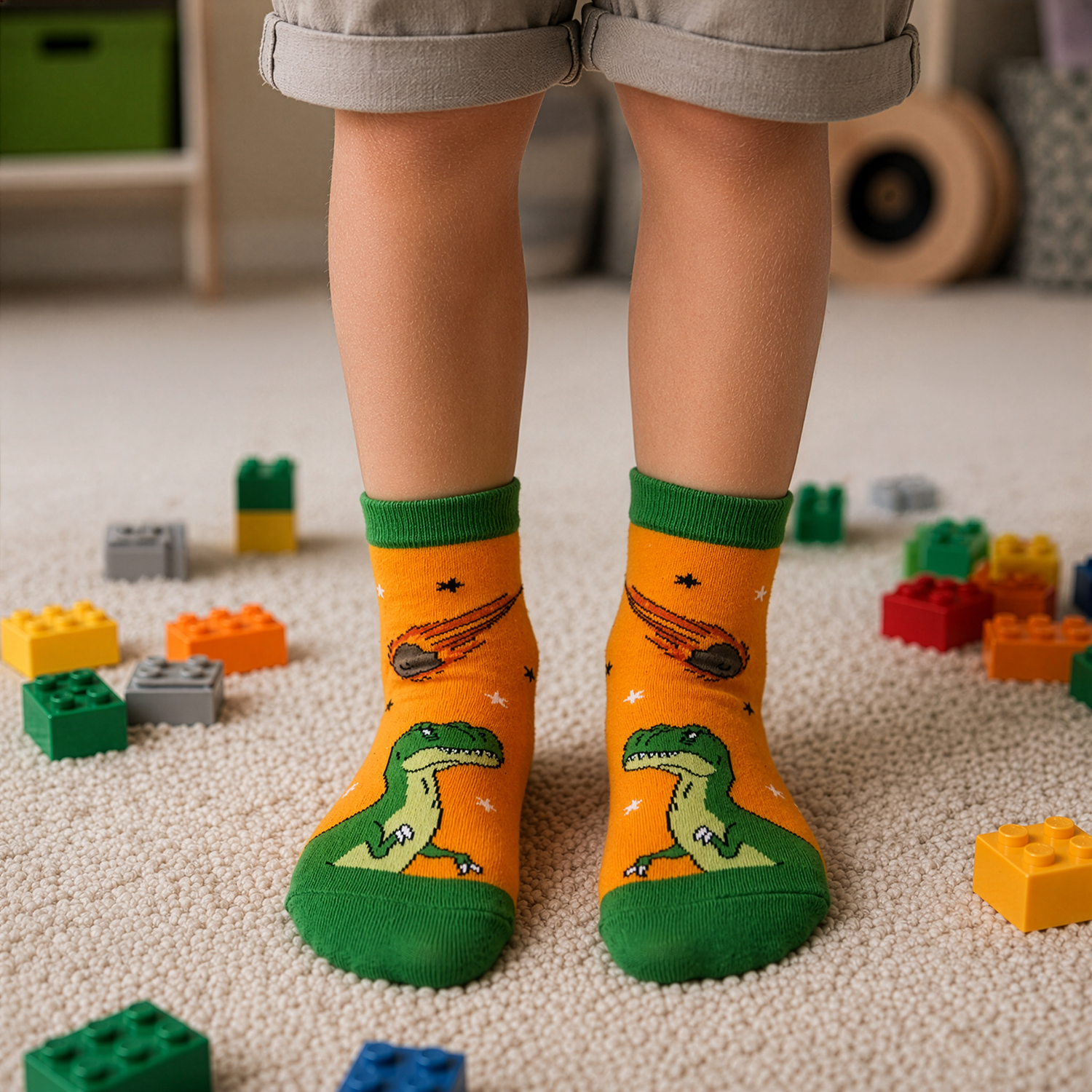 Zaubersocken »Dino« in Orange mit grünem Bündchen und Dinosaurier-Motiv.