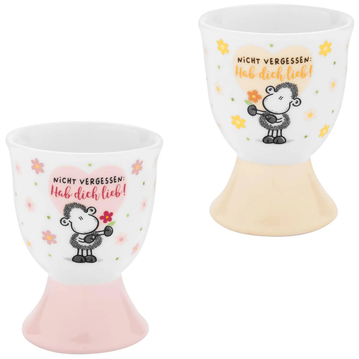 Zwei Porzellan-Eierbecher mit Schaf-Motiv auf Pastellbasen