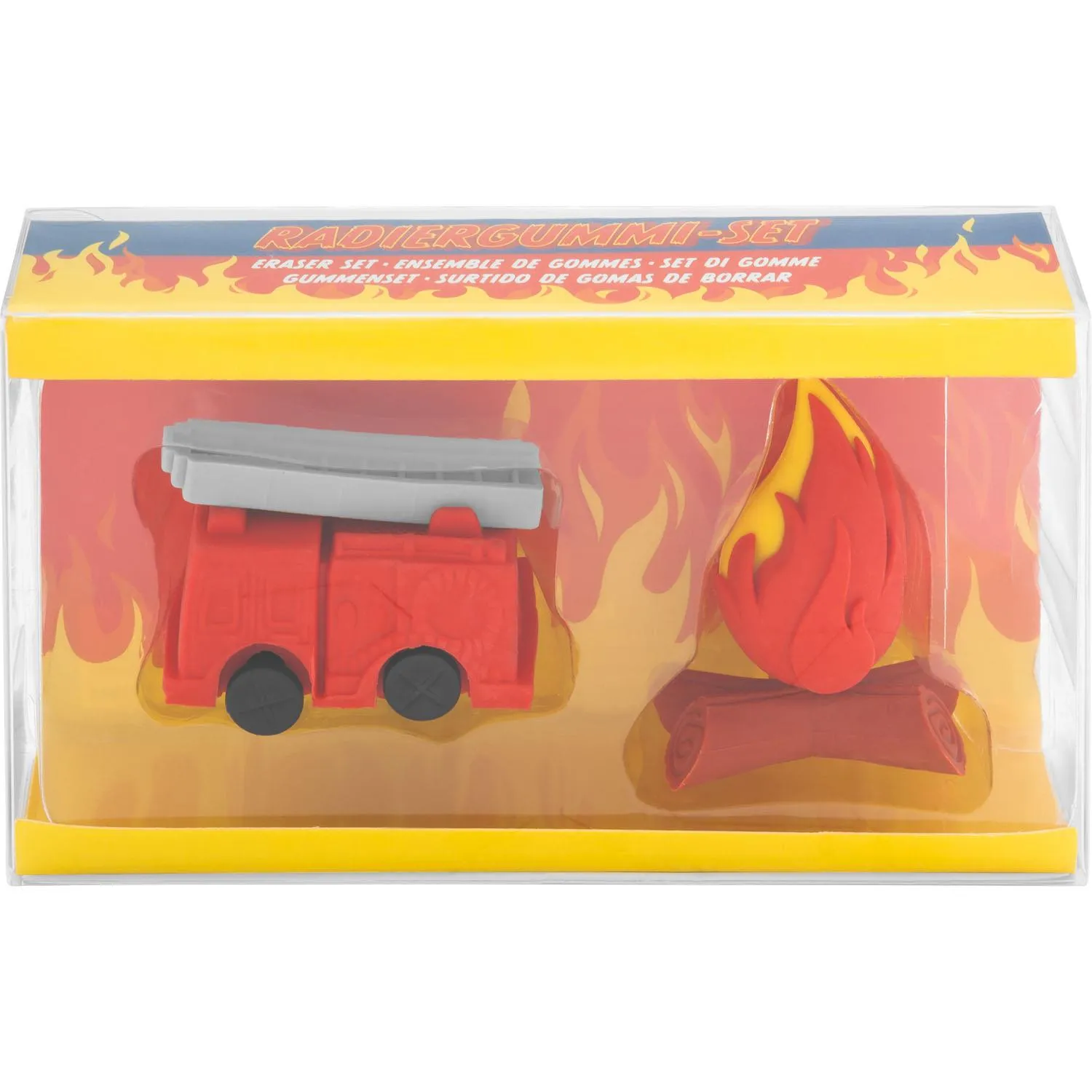 Roter Feuerwehr-Radiergummi im Geschenkset mit Feuerwehrauto und Flamme