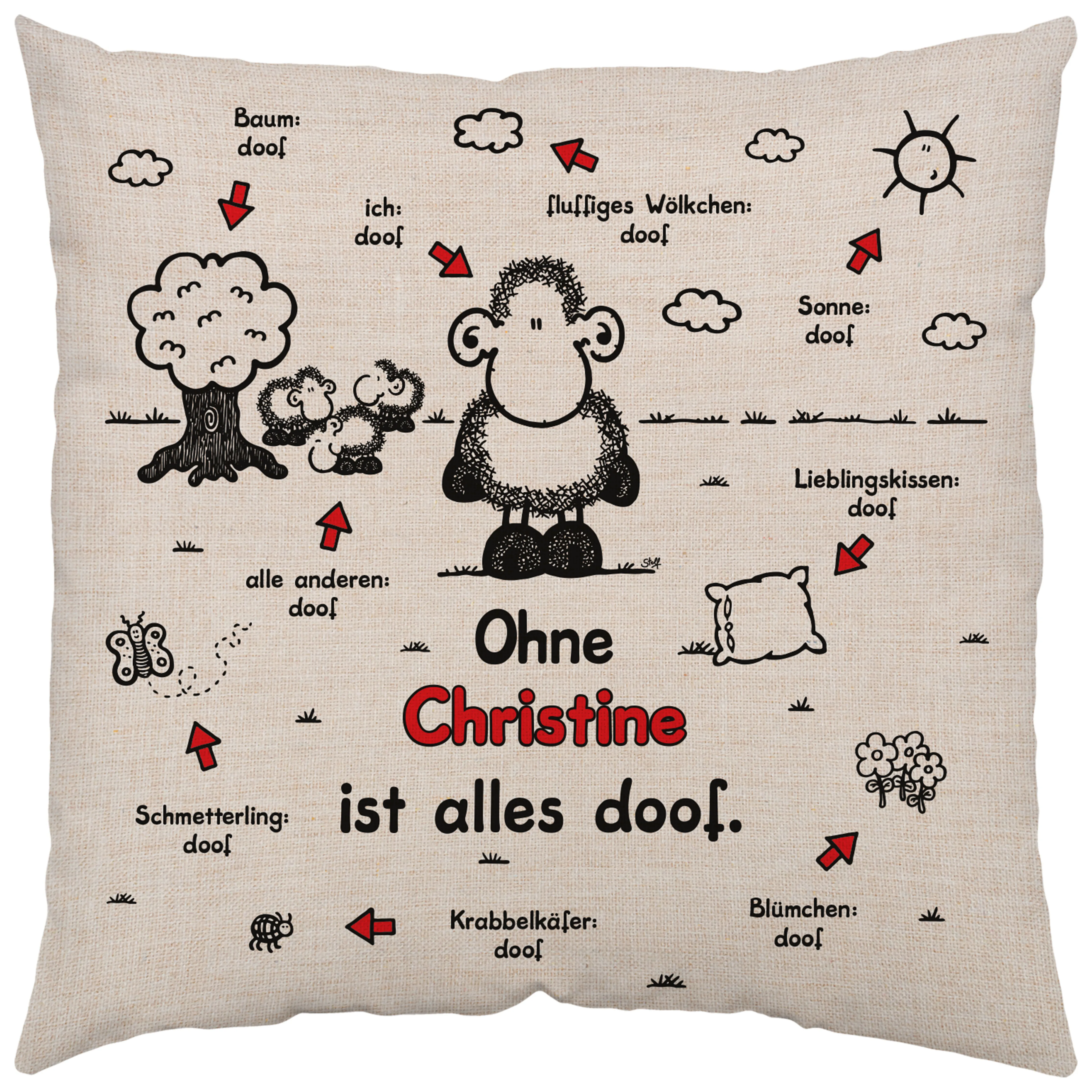 Kissenbezug im Canvas-Look mit zentralem Schaf-Motiv und Spruch 'Ohne Christine ist alles doof.'