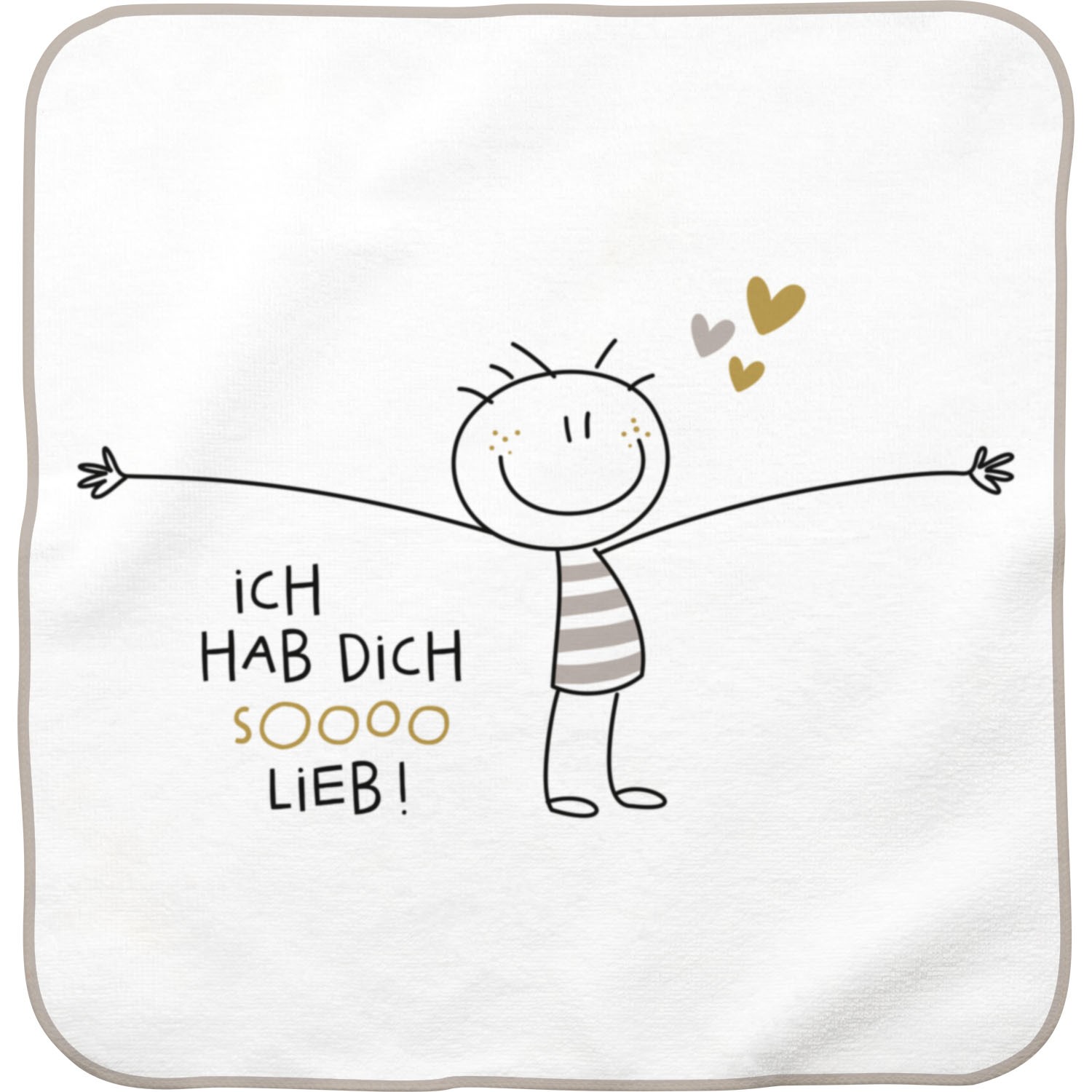 Weißes Zauberhandtuch mit fröhlicher Figur und Herzen, Botschaft 'Ich hab Dich sooo lieb'