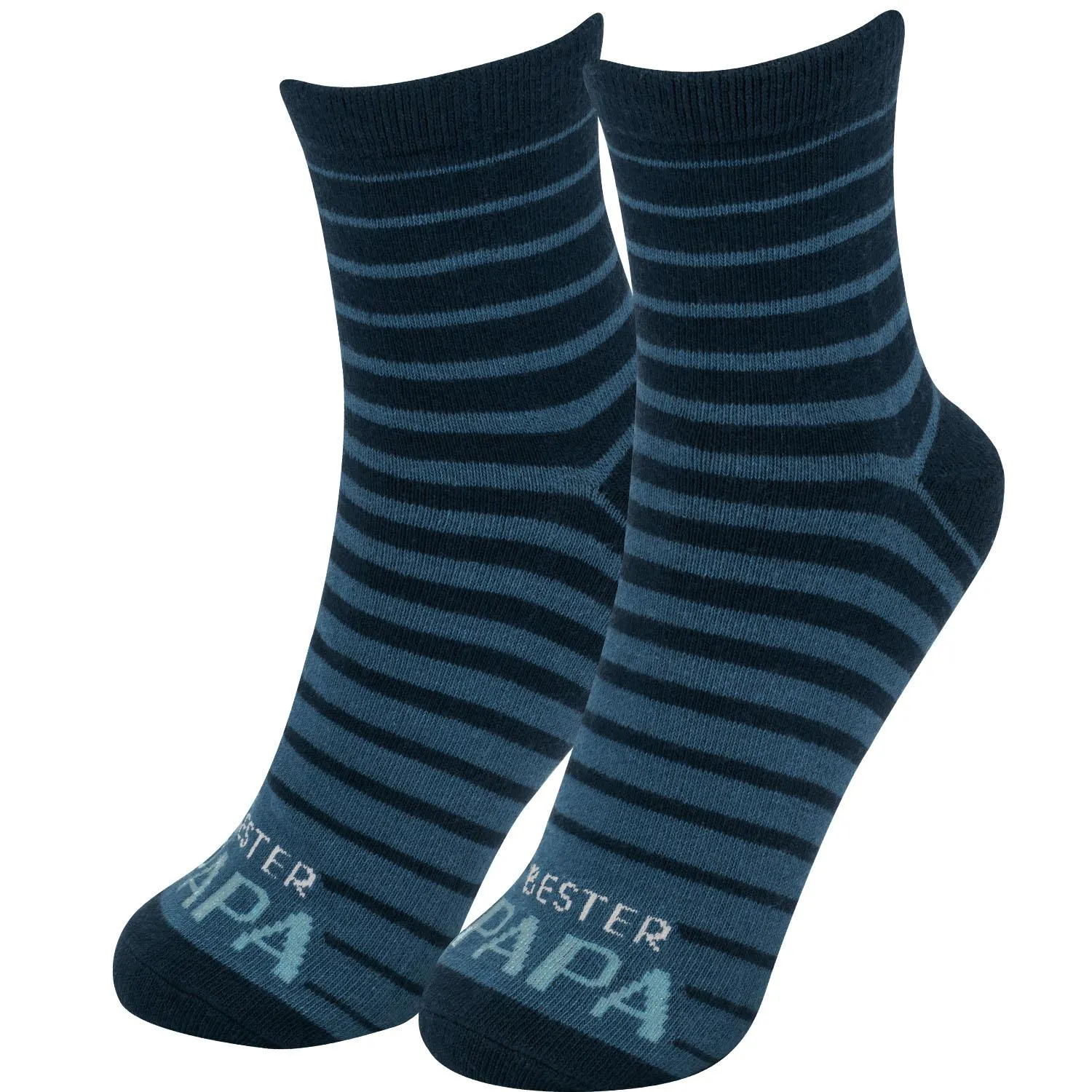 Dunkelblaue Streifsocken mit hellblauen Streifen und Aufdruck 'Bester Papa'.