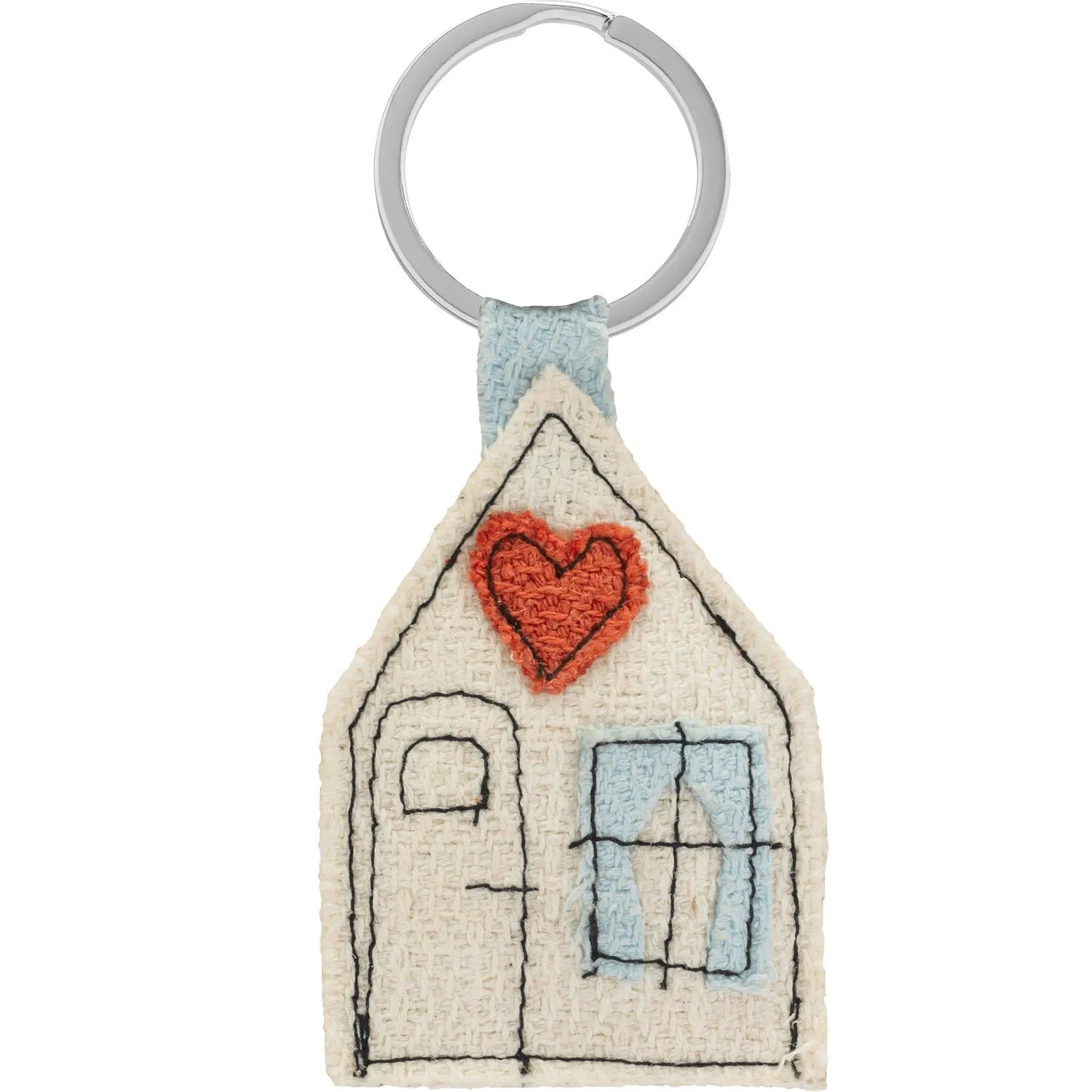 Gewebter Schlüsselanhänger in Hausform mit rotem Herz aus Textilmaterial.
