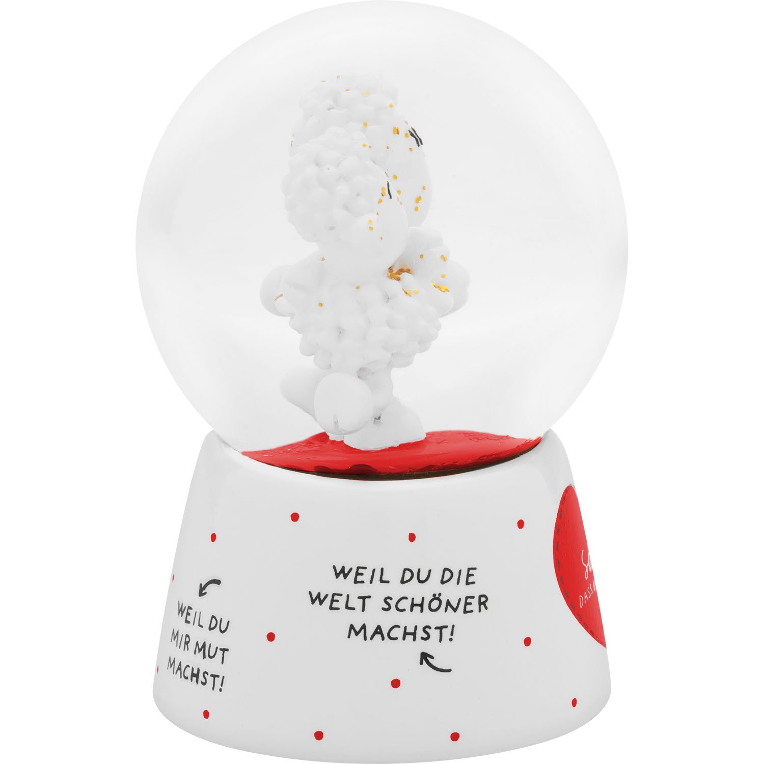 Schneekugel mit weißem 3D-Schaf im Inneren auf rotem Sockel