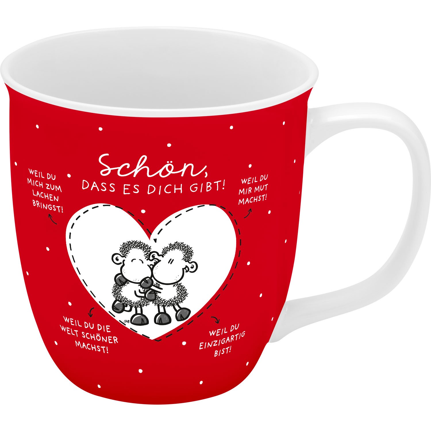 Rote Keramiktasse mit Herz-Sheep-Duo und Spruch 'Schön, dass es dich gibt!'