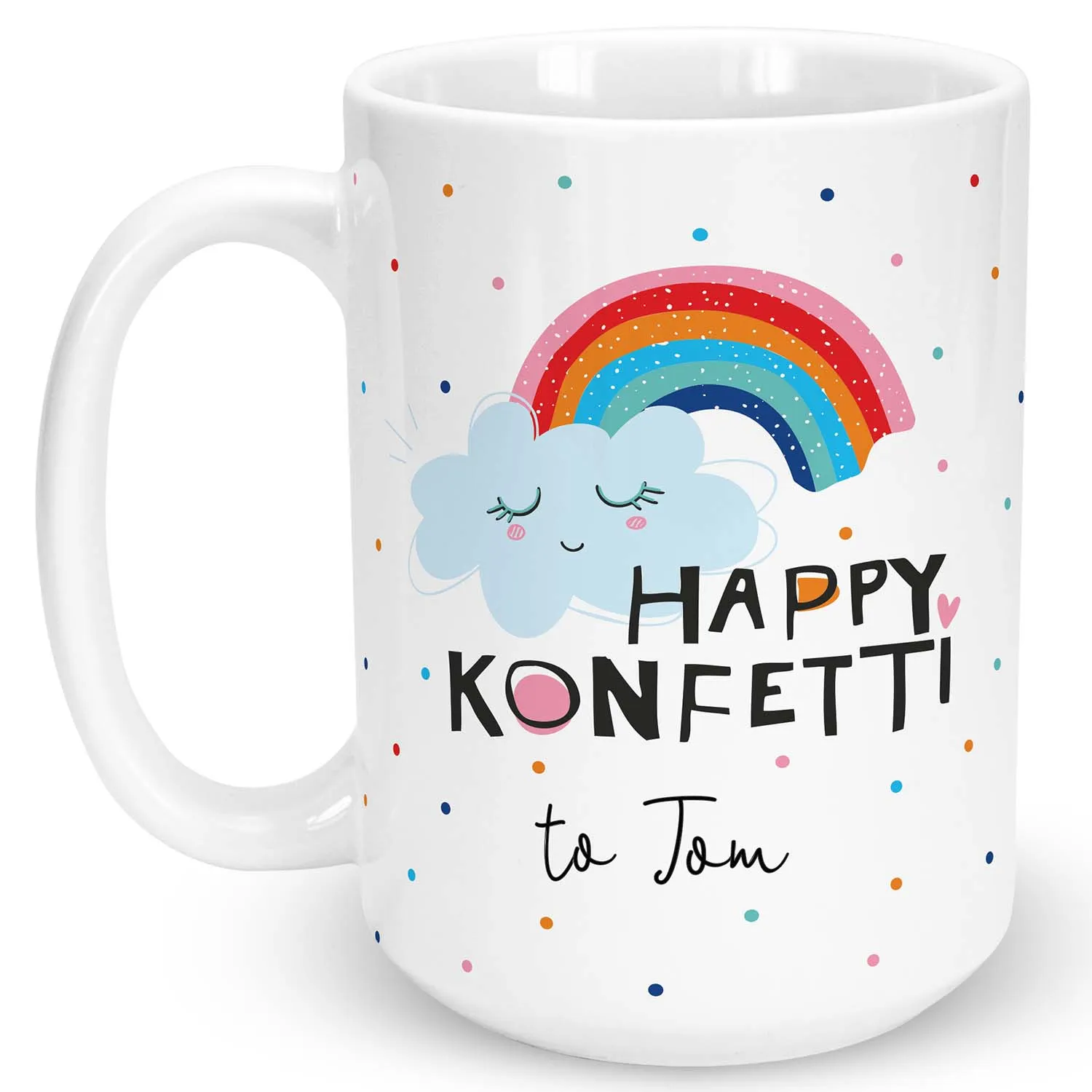 Weiße Keramik-Tasse mit Regenbogen-Wolke und Konfetti, personalisierbar mit Namen