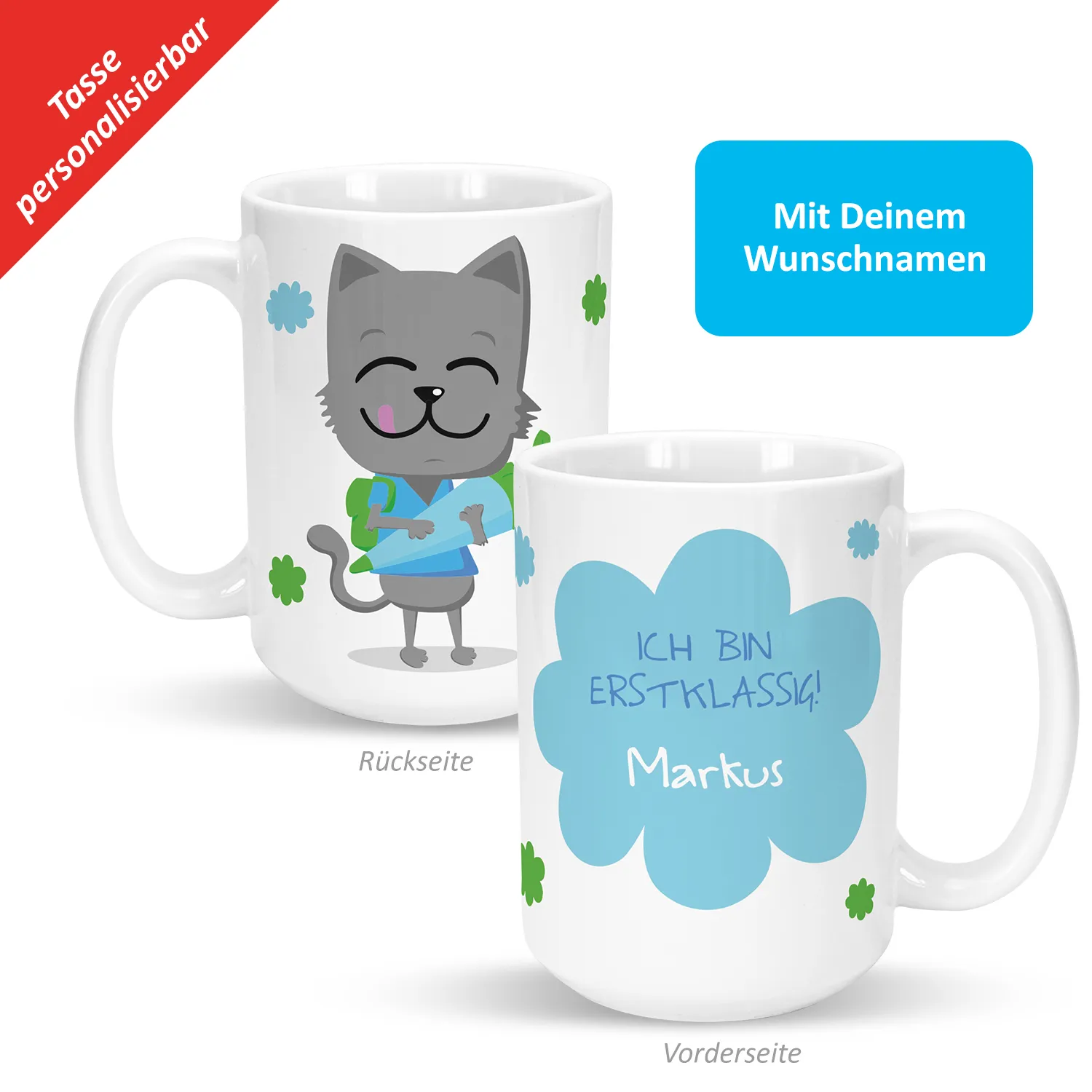 Personalisierte Keramik-Tasse mit Kater-Motiv und Namen