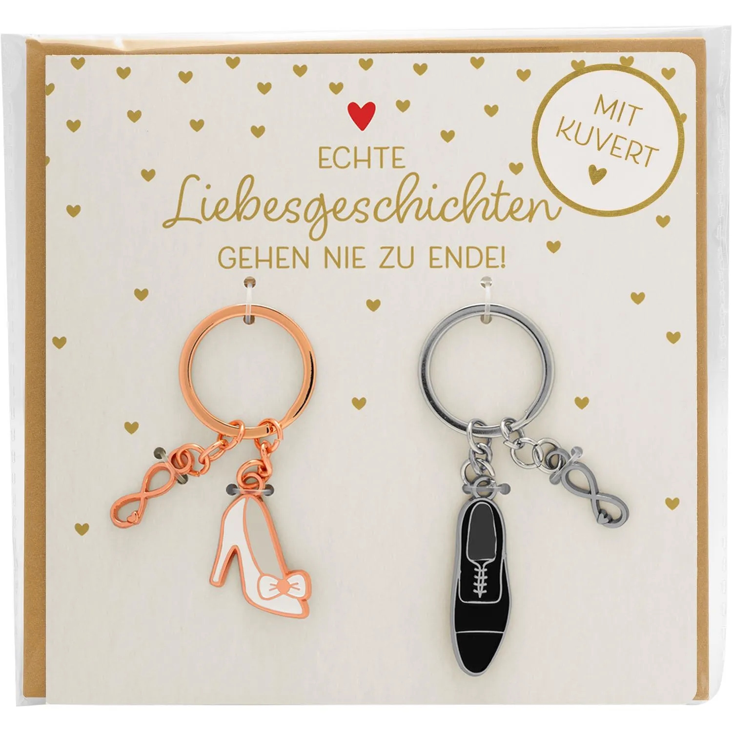 Paar-Schlüsselanhänger in Schuhform, roségoldener Schuh und silber-schwarzer Schuhanhänger, auf Verpackung