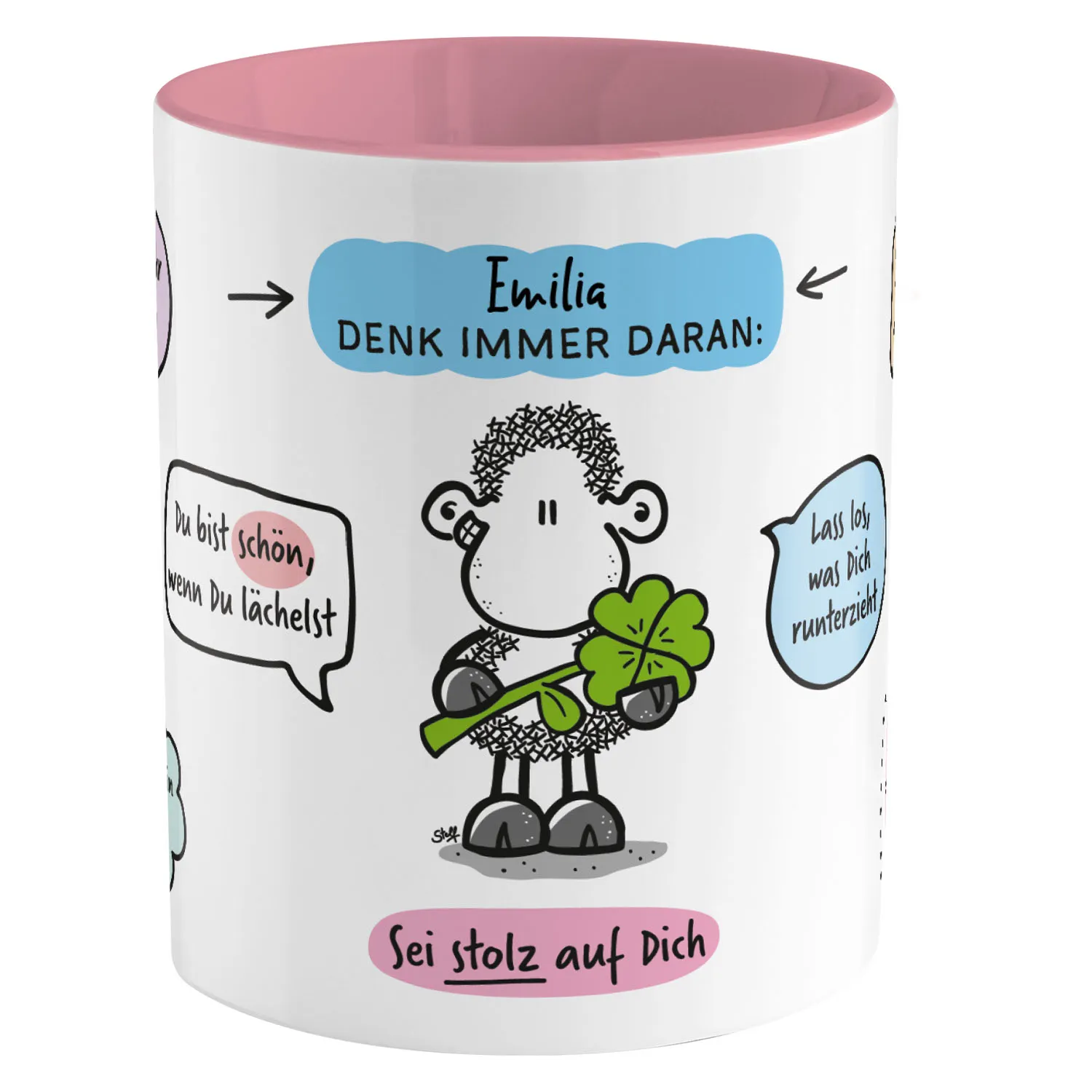 Weiße Porzellantasse mit rosa Innenrand und Schaf-Kleeblatt-Motiv.