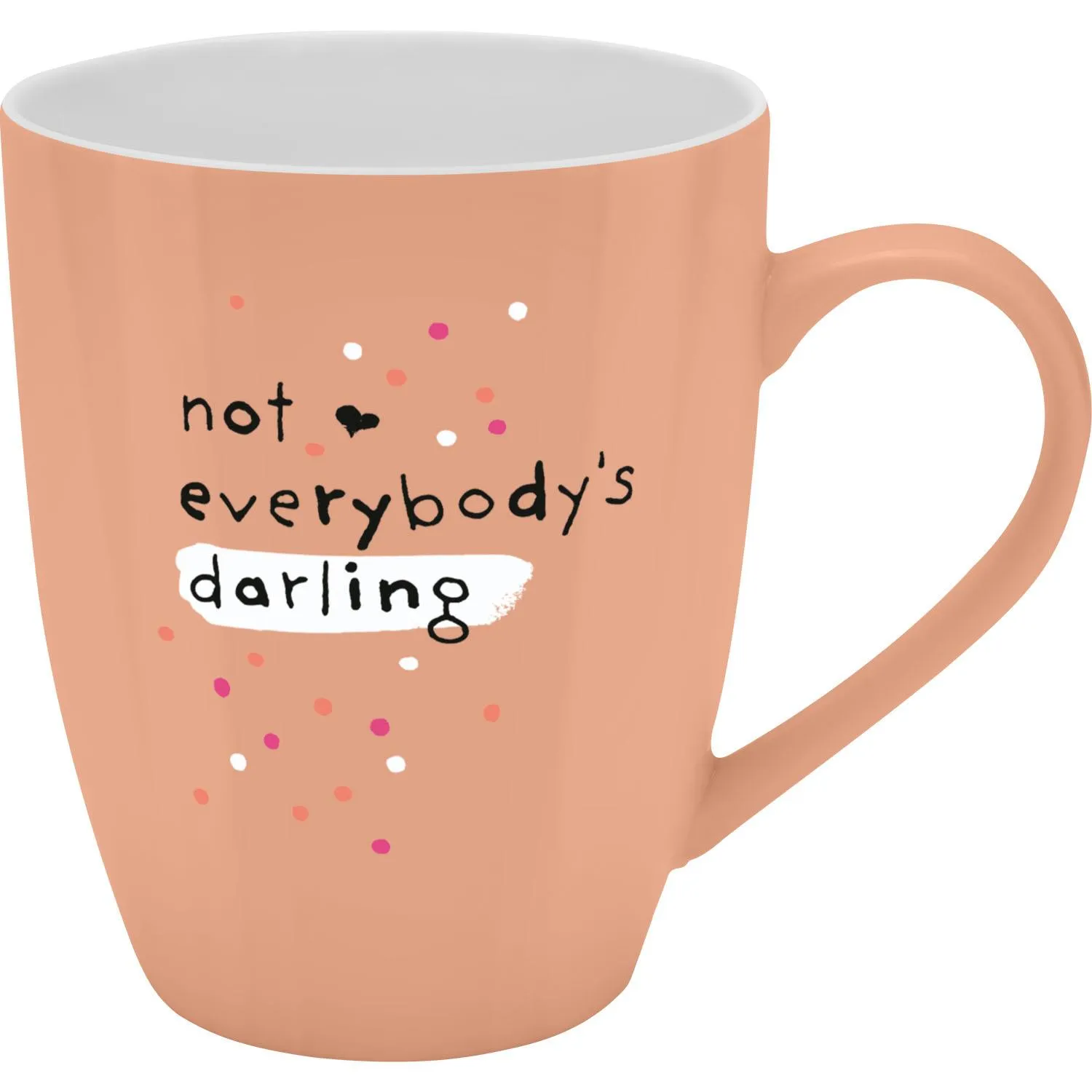 Apricotfarbener Porzellan-Becher mit schwarzem Schriftzug 'not everybody's darling' und bunten Konfetti-Dots