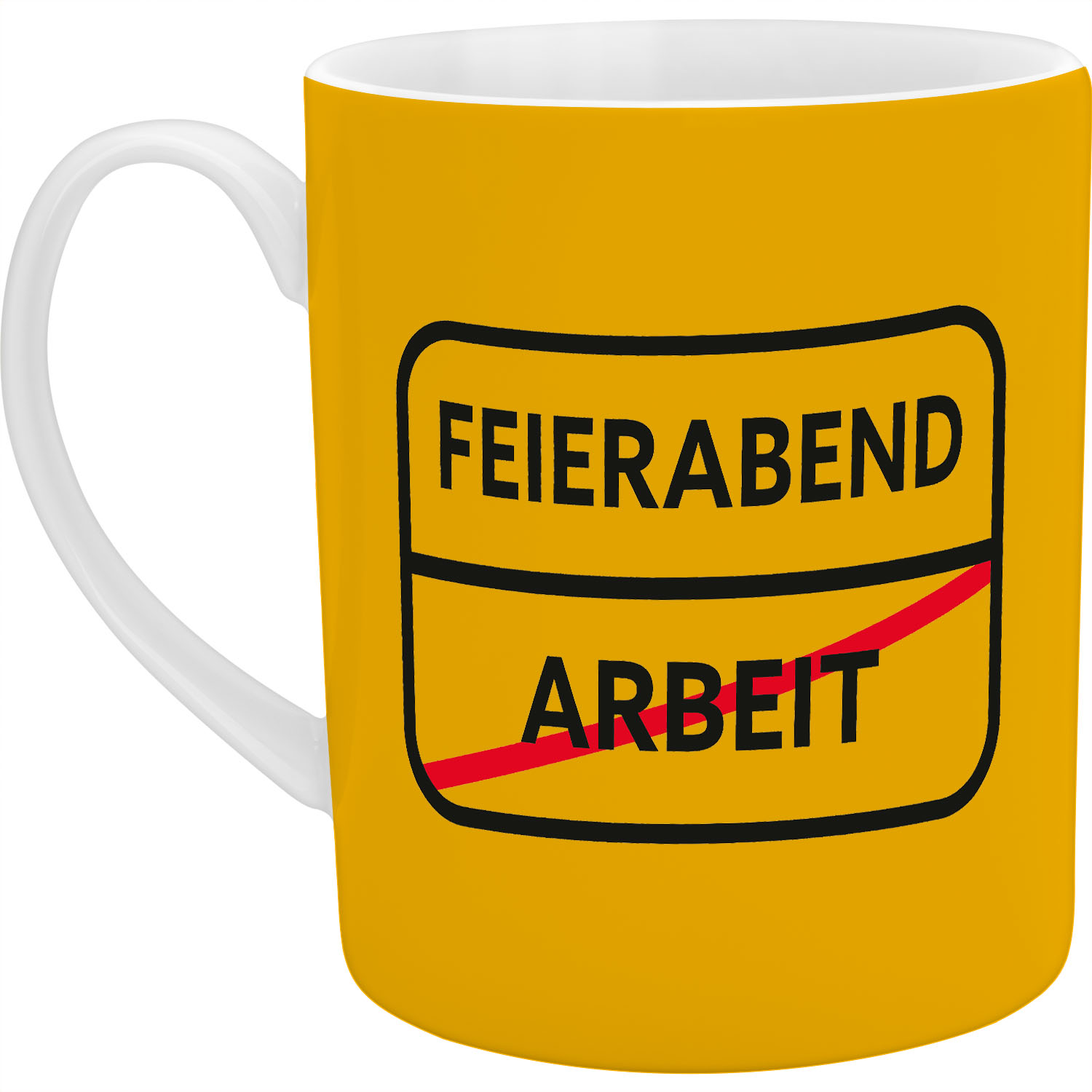 XL-Tasse aus Porzellan, gelb, mit Schild-Aufdruck FEIERABEND ARBEIT, weißem Henkel