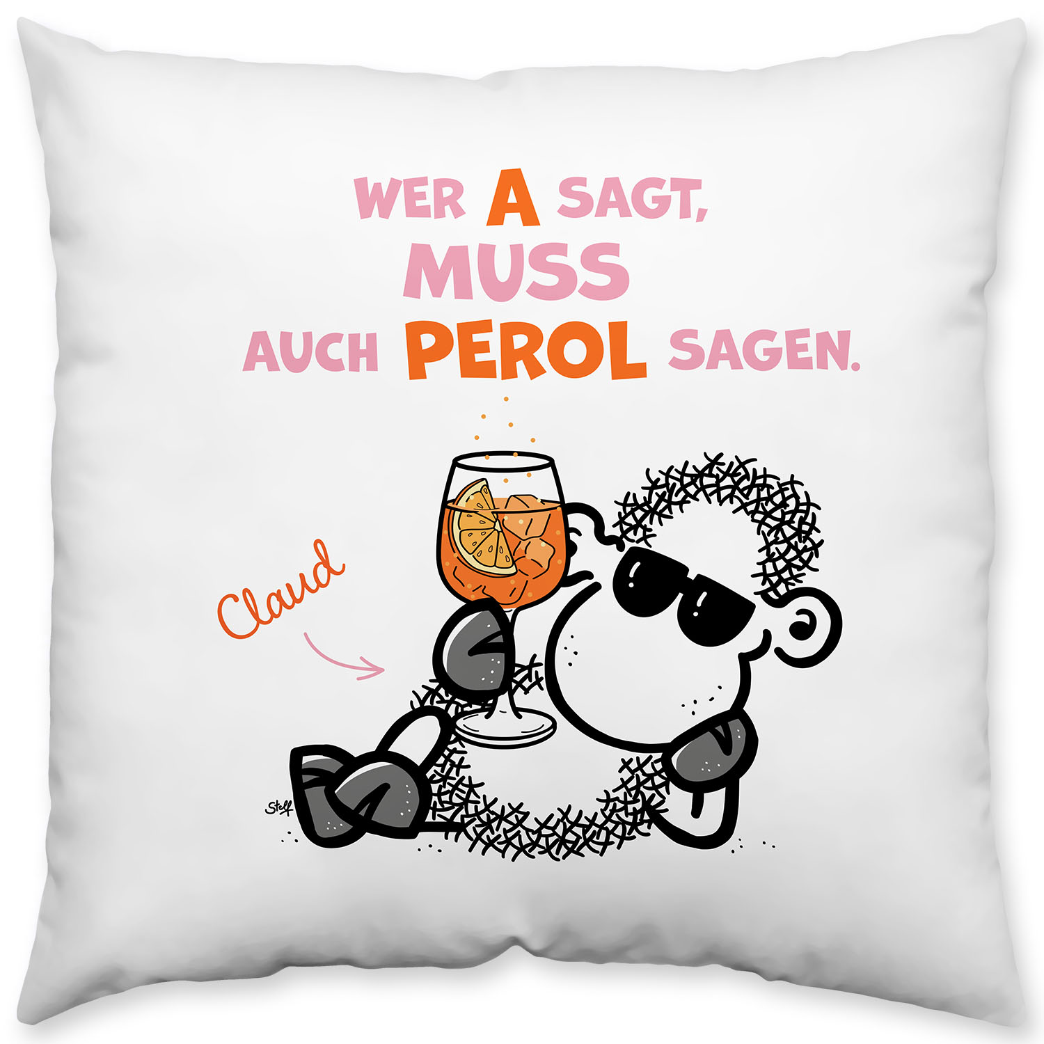 Dekoratives Kissen mit Cartoon-Schaf, das ein Glas Wein hebt, Spruch in Pastellfarben.