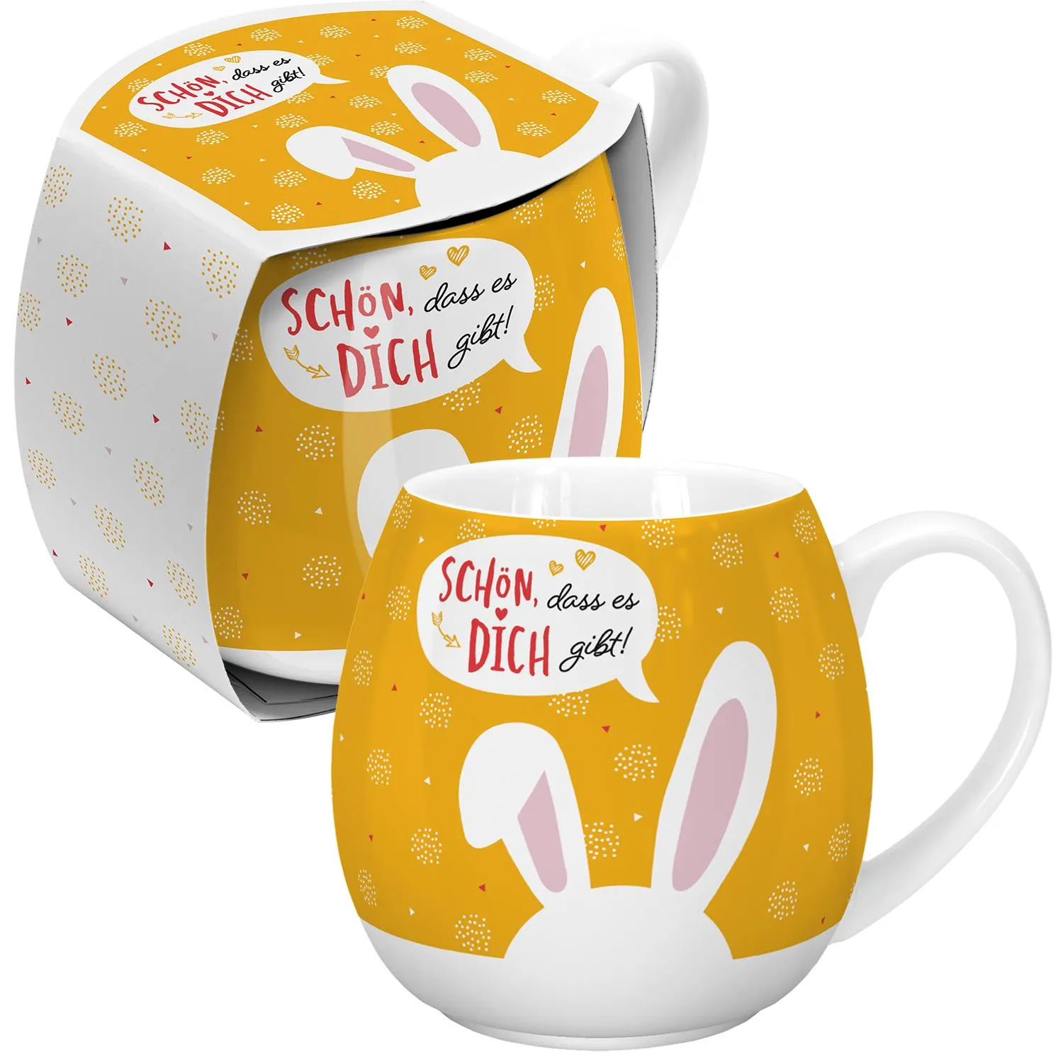 Gelbe Ostertasse mit Hasenmotiv und Spruch 'Schön, dass es DICH gibt!'