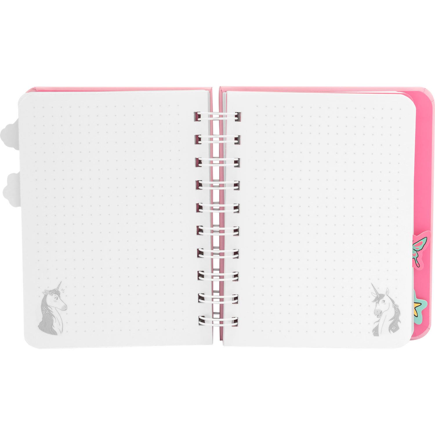 Spiralkonspiratorisches Notizbuch mit pinkem Einband und gepunkteten Innenseiten, Einhorn-Motiv