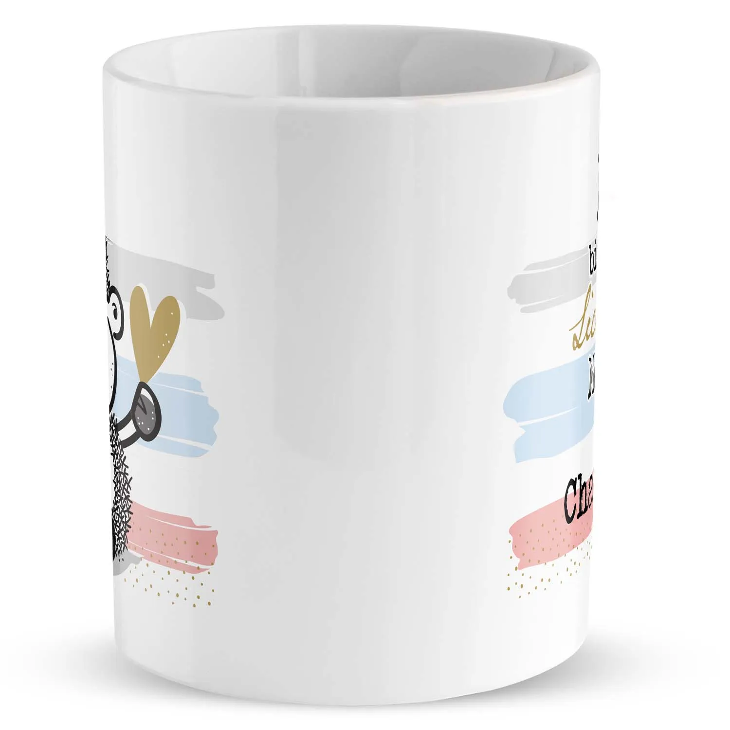 Weiße Porzellan-Tasse mit pastellfarbenem Schaf-Motiv, personalisierbar mit Namen