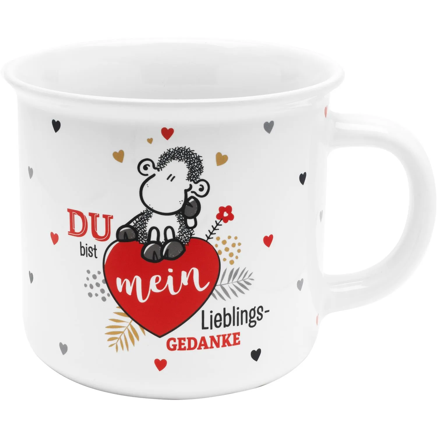 Weiße Keramik-Tasse mit Schaf- und Herzmotiv