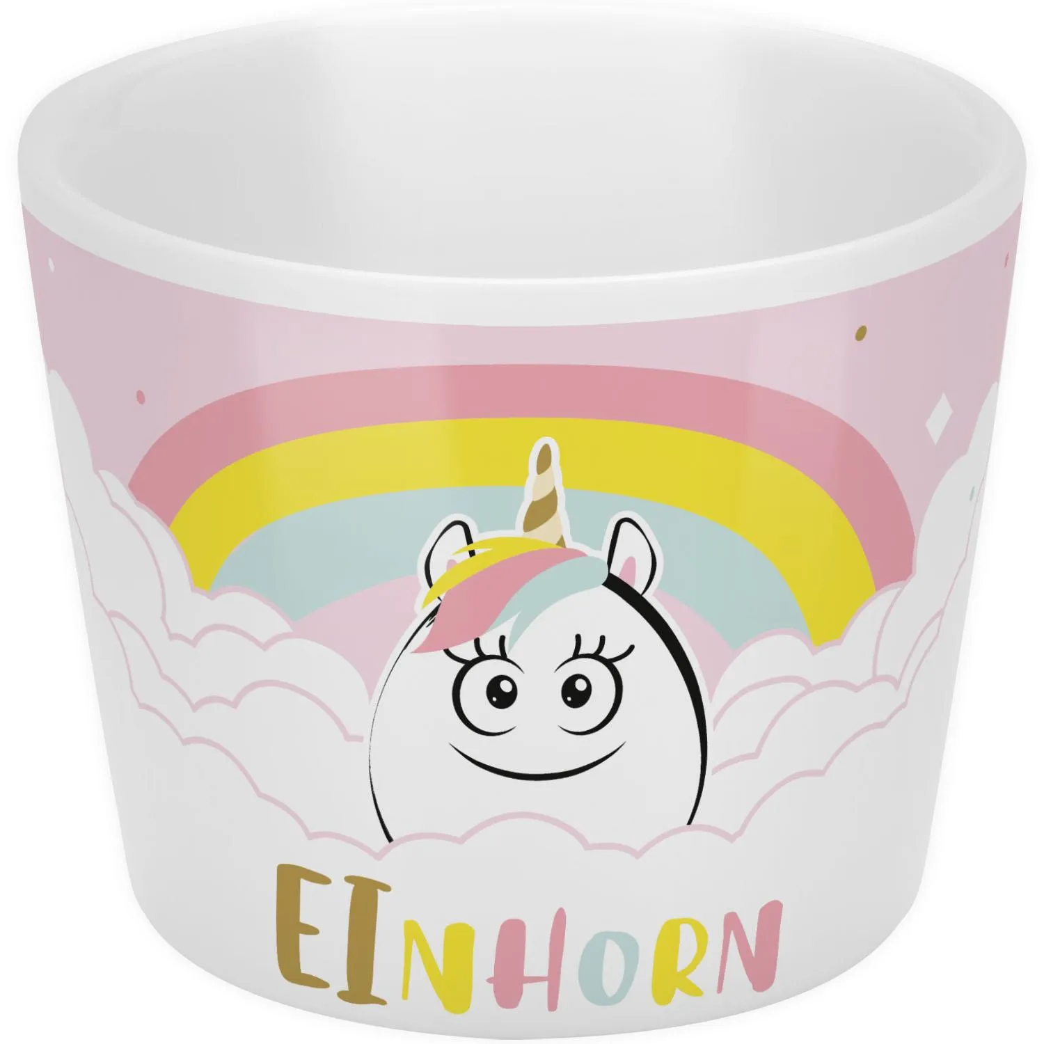 Porzellan-Eierbecher mit Einhorn-Motiv, Golddruck und Pastellfarben