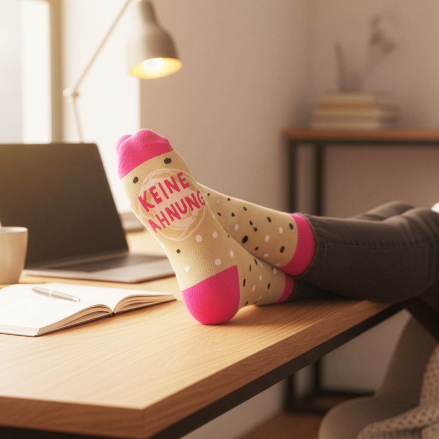 Beige Socken mit pinkem Rand und dem Spruch KEINE AHNUNG, Punktemuster
