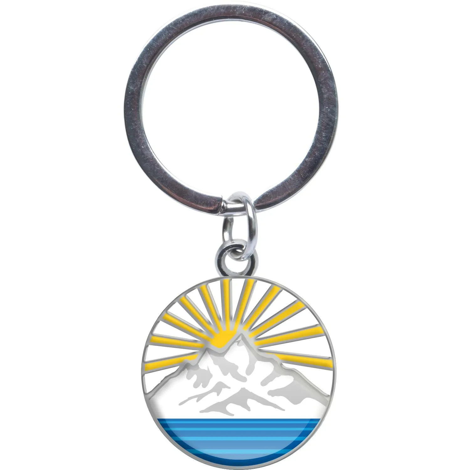 Runder Schlüsselanhänger mit Berglandschaft und Sonnenaufgang im Gelb-Blau-Grau-Design