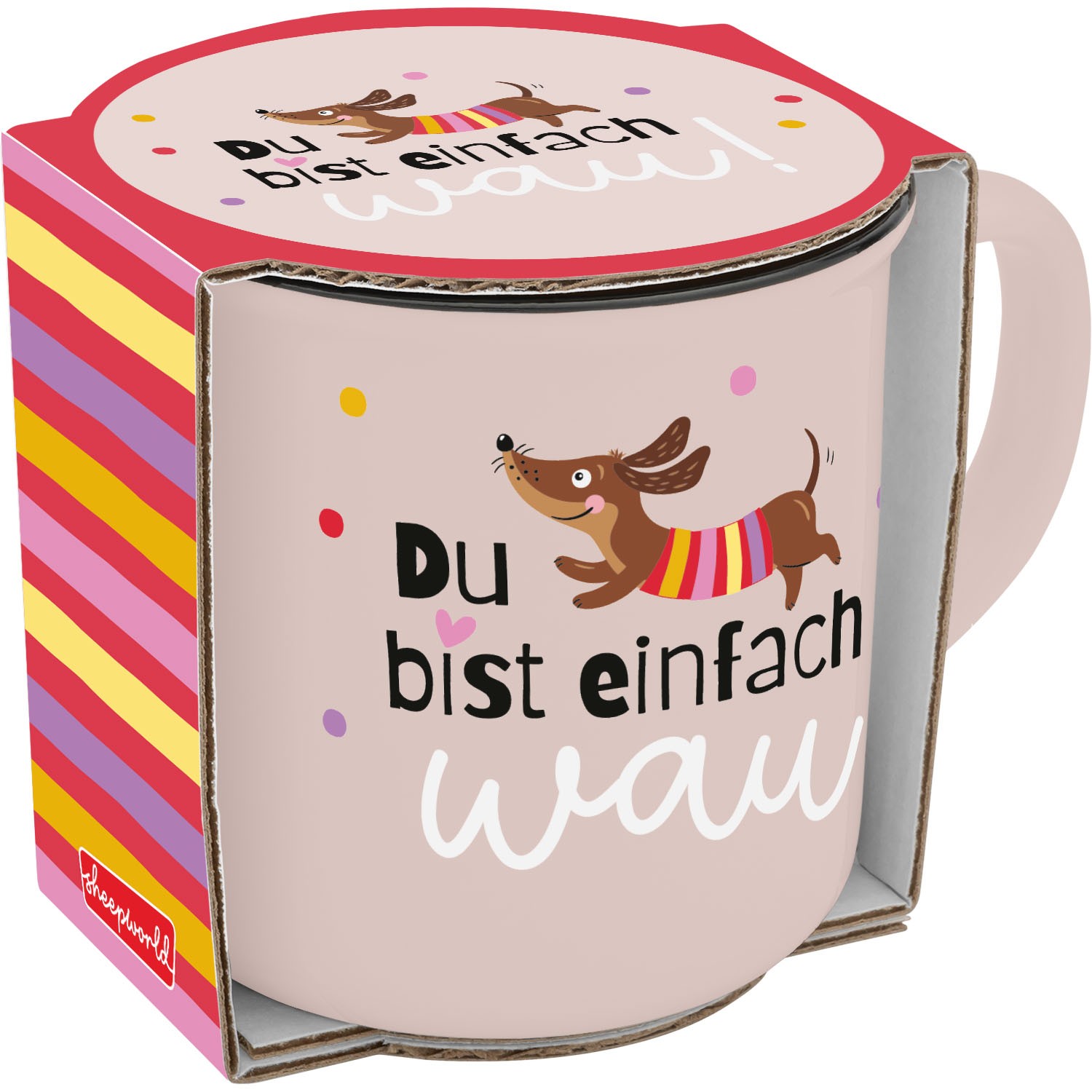 Porzellan-Becher in Pastellrosa mit Dackel-Motiv und Spruch 'Du bist einfach wau'.