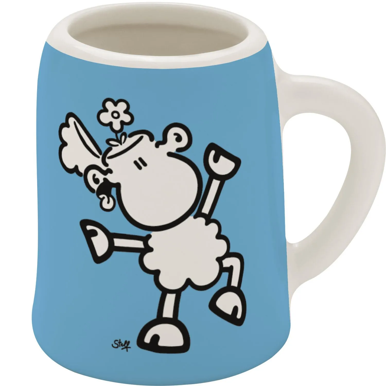 Schnapskrug aus Porzellan mit blauem Außen und fröhlichem Schaf-Motiv