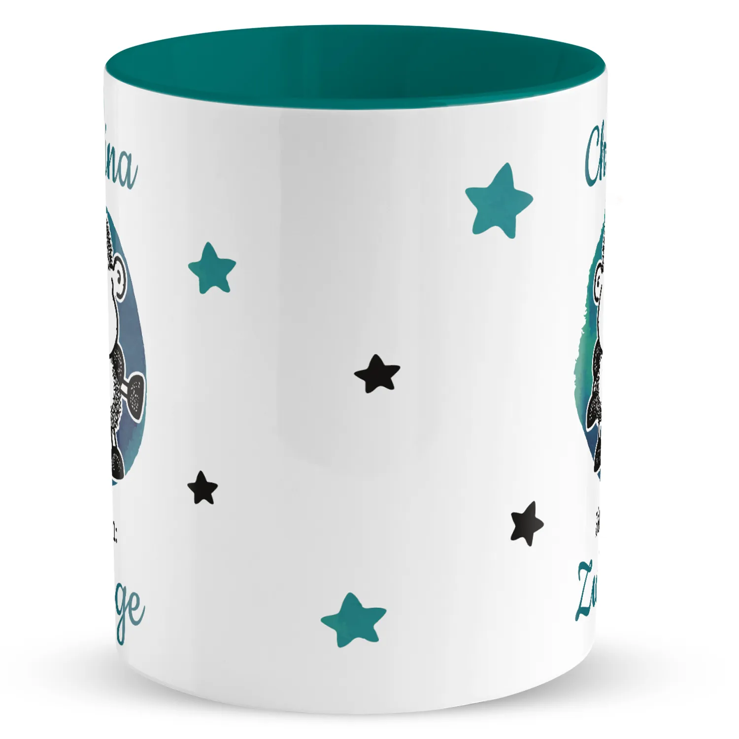 Weiße Porzellan-Tasse mit Sternzeichen Zwillinge, Namensdruck, petrol Innenrand, Sterne- und Schaf-Motive