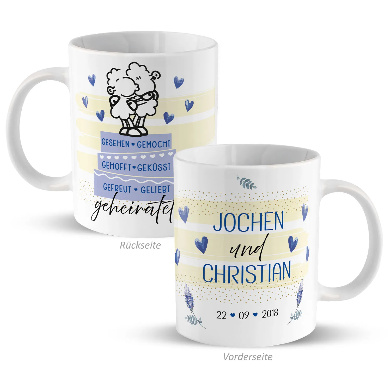 Personalisierte Tasse mit Namen Jochen & Christian – Hochzeitsdesign in Pastellblau und Gelb