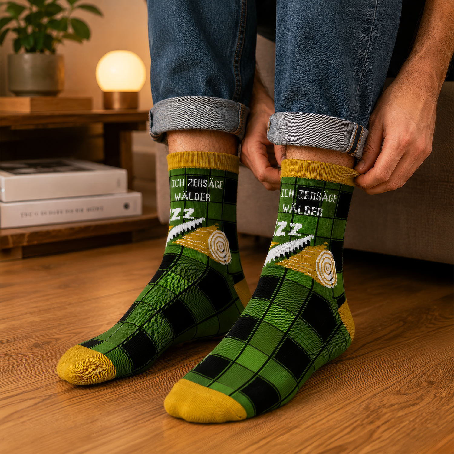 Grüne Karosocken mit Säge-Motiv und dem Spruch 'Ich zersäge Wälder'.