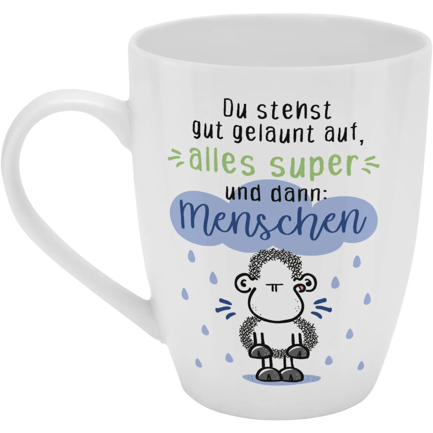 Weiße Porzellantasse mit Affen-Motiv und Spruch in blauer Wolke.